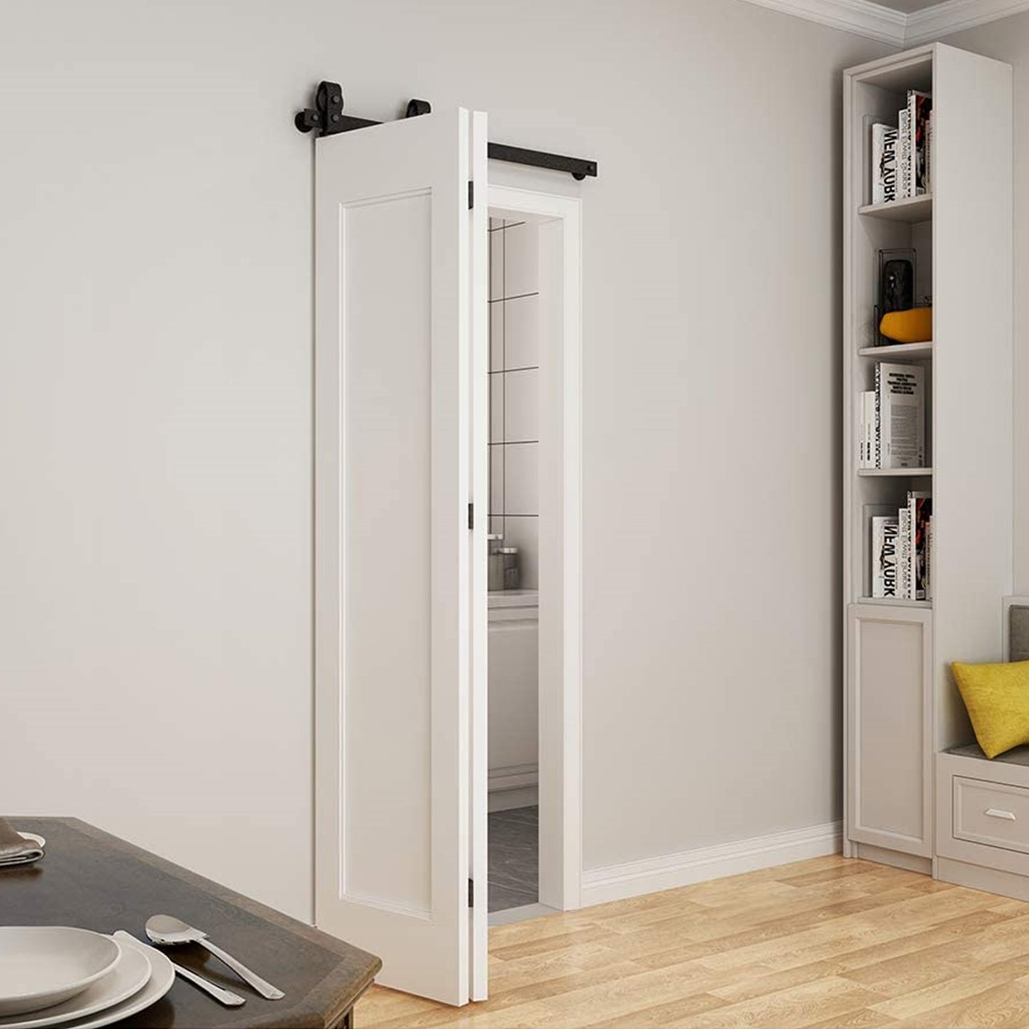 Black Steel Top Mount Bi-fold Wood Sliding Barn Door Hardware Track Hardware Kit for 2 Doors and 4 Doors ( No Door )