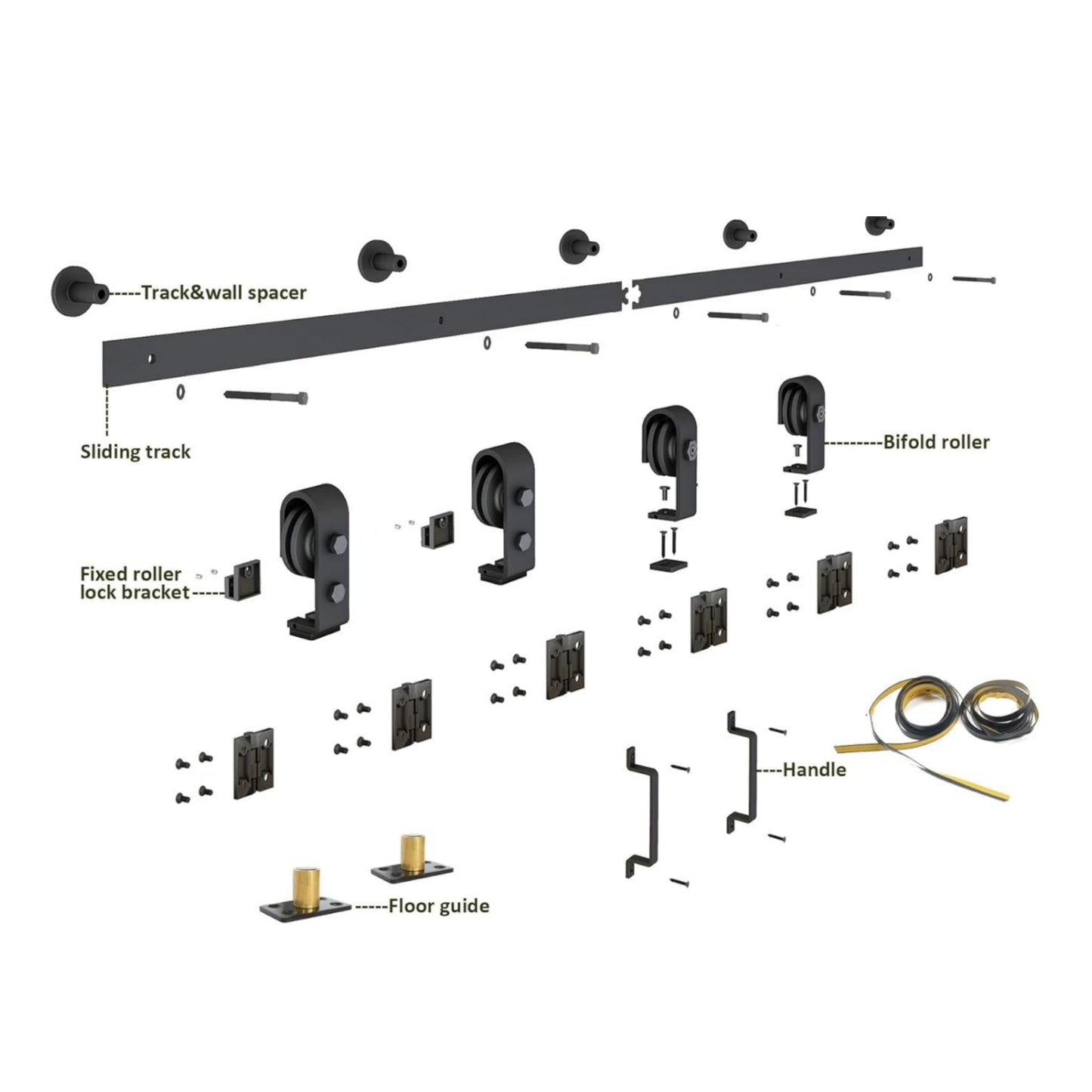 Black Steel Top Mount Bi-fold Wood Sliding Barn Door Hardware Track Hardware Kit with handles for 2 Doors and 4 Doors ( No Door )