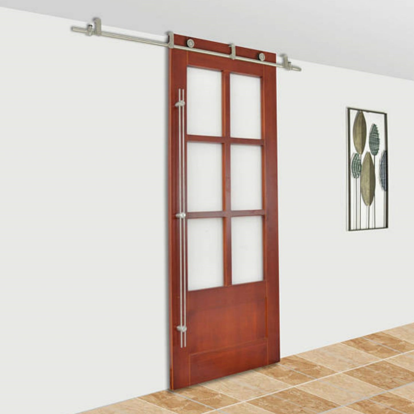 Top ceiling mount brushed stainless steel wood sliding single door hardware biparting door bypass barn door hardware ceiling bracket