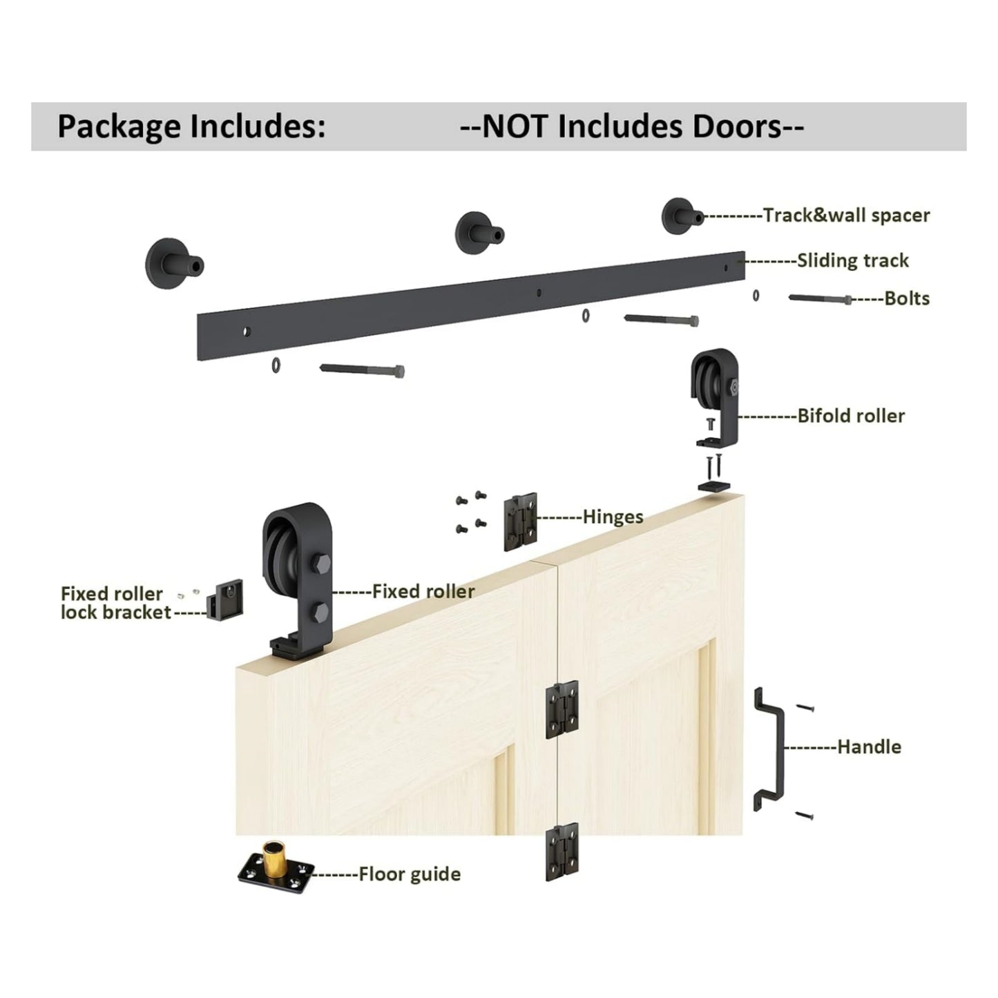 Black Steel Top Mount Bi-fold Wood Sliding Barn Door Hardware Track Hardware Kit with handles for 2 Doors and 4 Doors ( No Door )