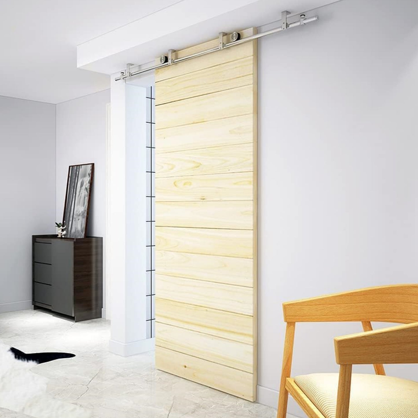 Top ceiling mount brushed stainless steel wood sliding single door hardware biparting door bypass barn door hardware ceiling bracket
