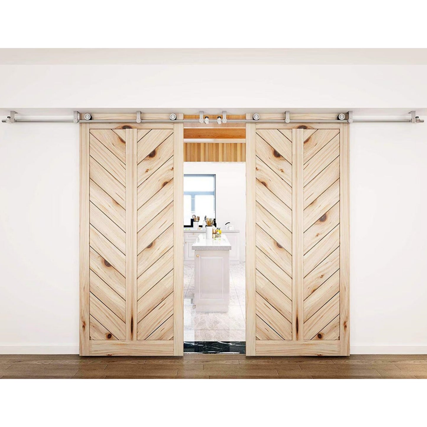 Top ceiling mount brushed stainless steel wood sliding single door hardware biparting door bypass barn door hardware ceiling bracket