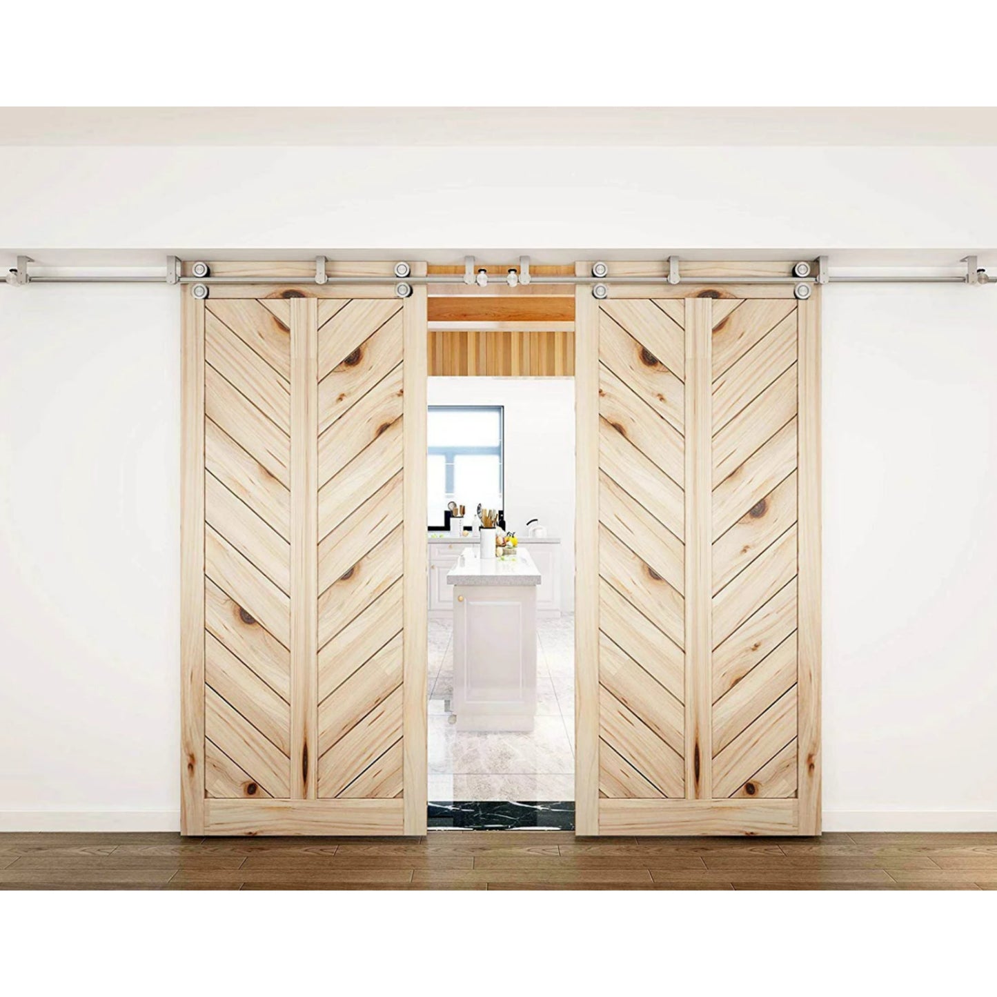 Top ceiling mount bracket brushed stainless steel wood sliding single door hardware BI-PARTING door BYPASS barn door hardware track kit