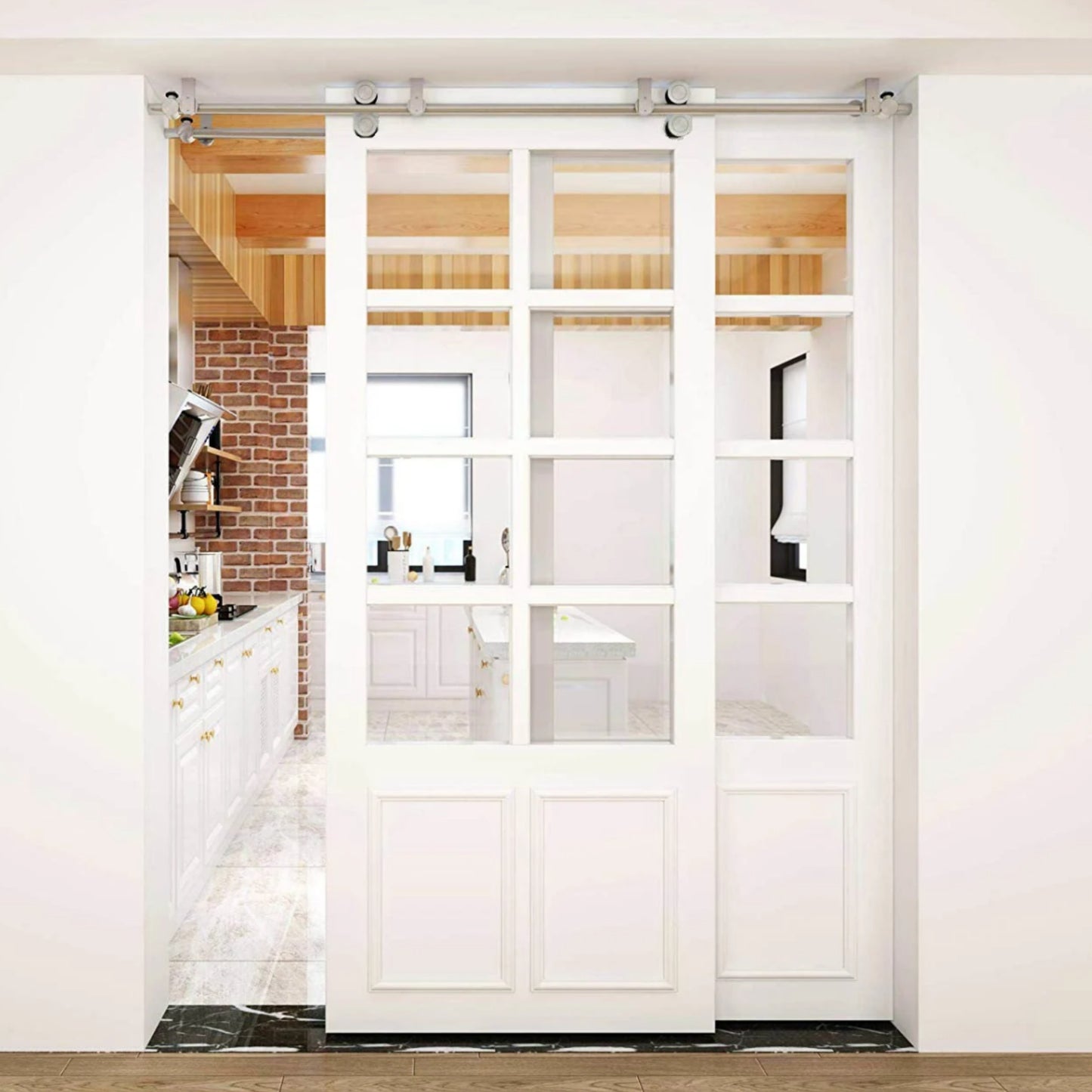 Top ceiling mount bracket brushed stainless steel wood sliding single door hardware BI-PARTING door BYPASS barn door hardware track kit