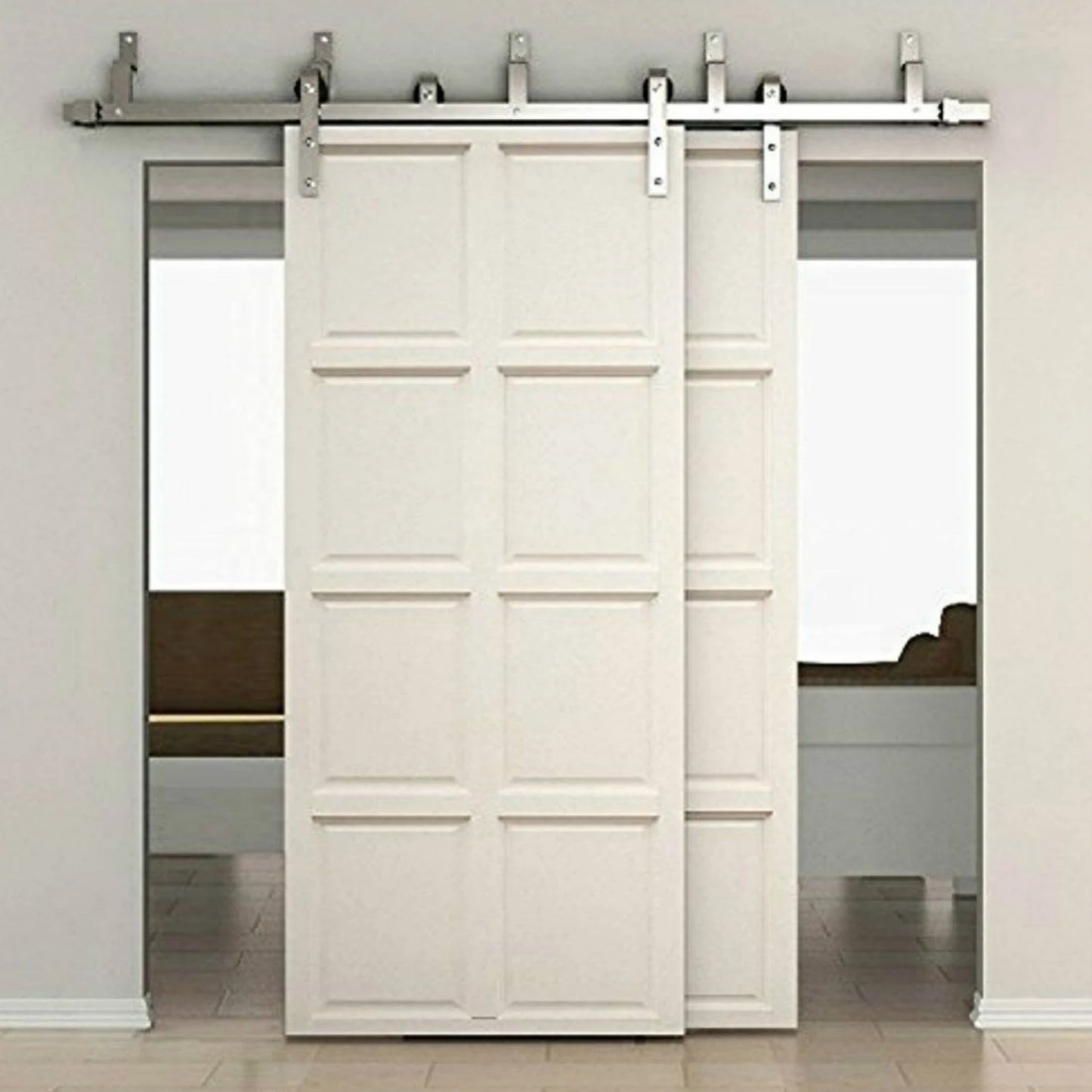 Bypass brushed stainless steel barn door hardware wall mount bracket sliding door track roller kit