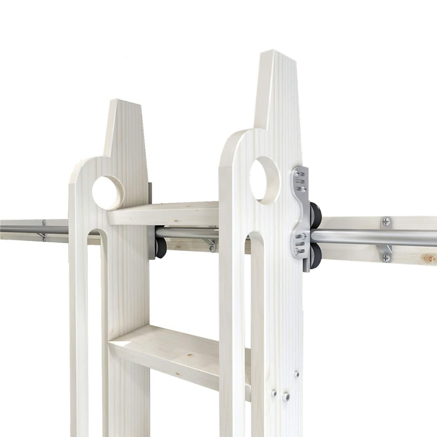 Contemporary Telescopic Vertically Stored Sliver Gray Steel Sliding Rolling Ladder Library Ladder Hardware Track Kit