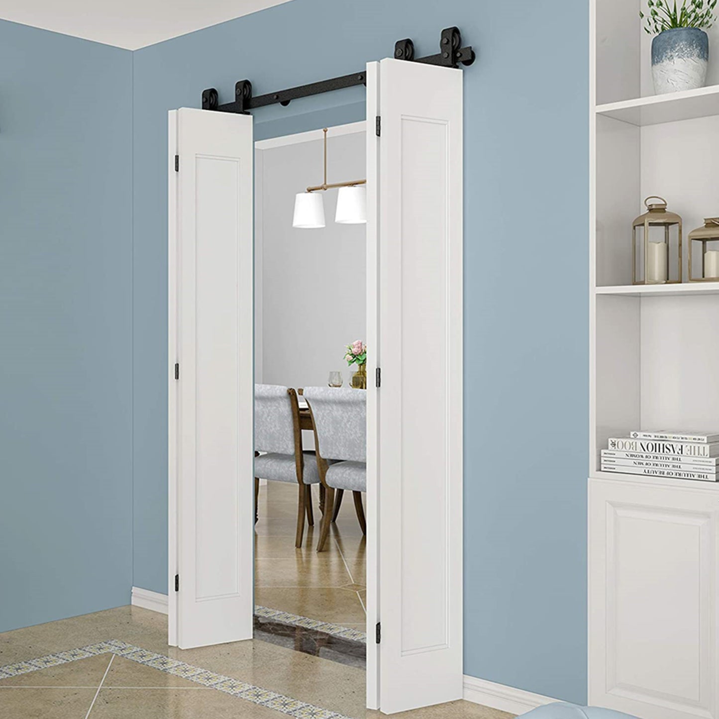 Black Steel Top Mount Bi-fold Wood Sliding Barn Door Hardware Track Hardware Kit for 2 Doors and 4 Doors ( No Door )