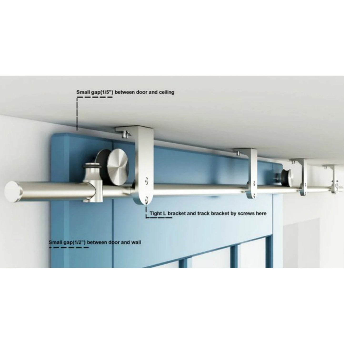 Top ceiling mount bracket brushed stainless steel wood sliding single door hardware BI-PARTING door BYPASS barn door hardware flat roller