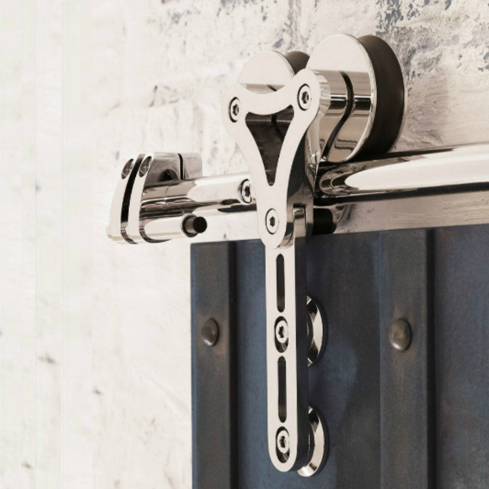 Heavy Duty Brushed Stainless Steel Sliding Barn Wood Door Interior Double Head Hollow-Out Hanger Wheel Barn Track Sliding Kit 5FT-16FT
