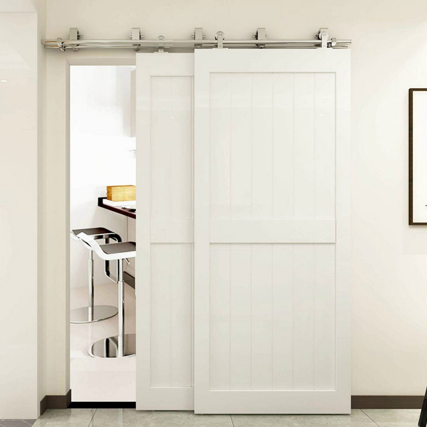 Bypass brushed stainless steel top mounted sliding barn wood door hardware sliding track kit set for 2 Doors 3 Doors and 4 Doors