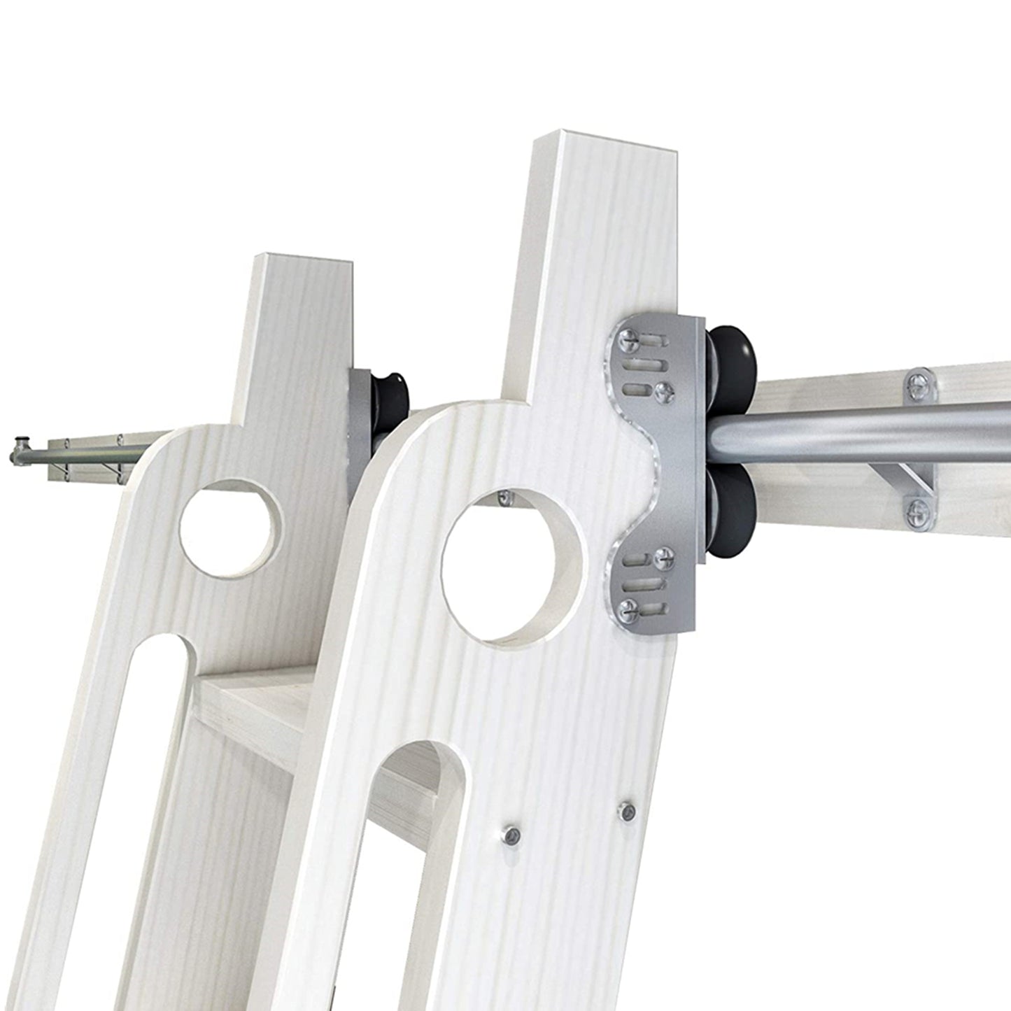Contemporary Telescopic Vertically Stored Sliver Gray Steel Sliding Rolling Ladder Library Ladder Hardware Track Kit