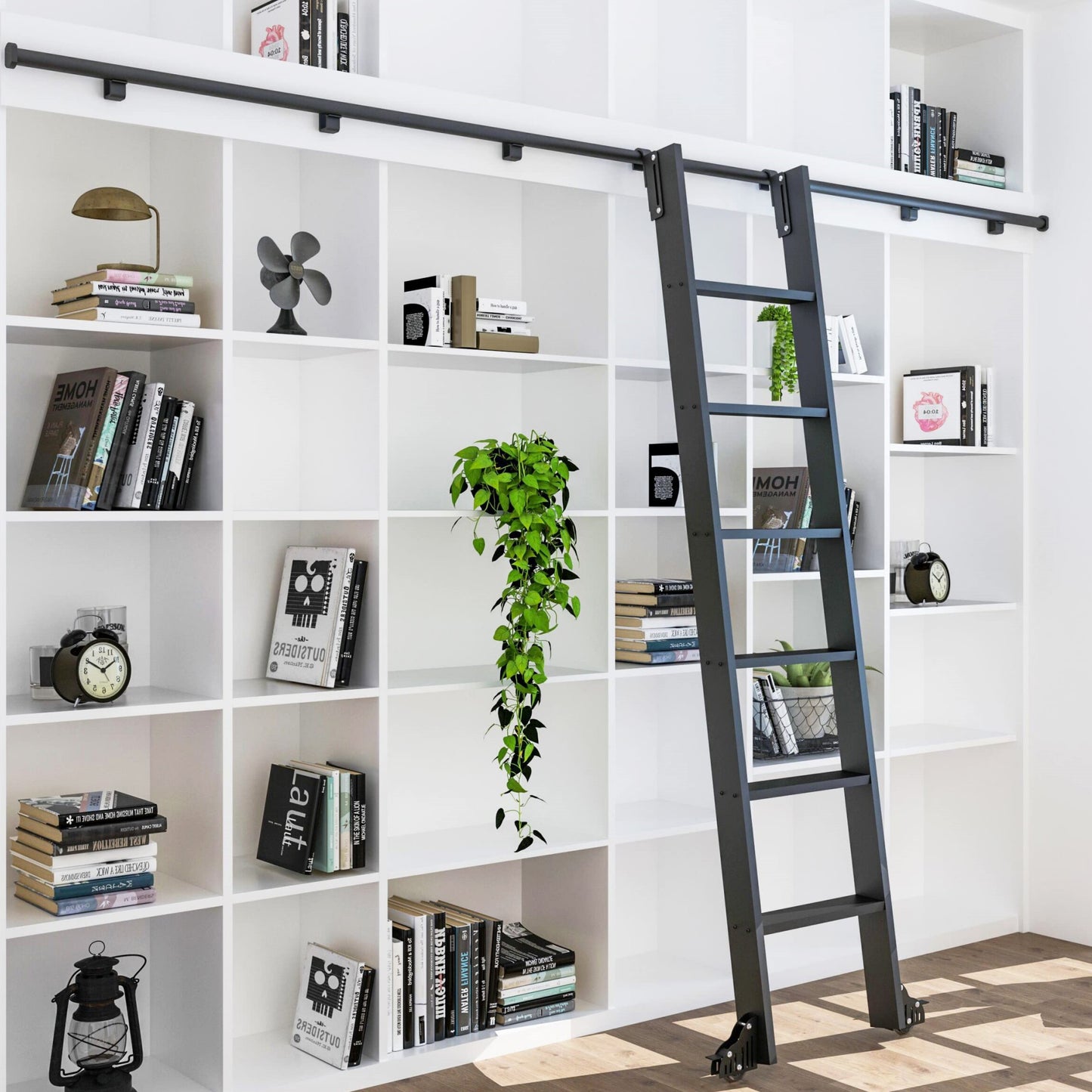 Aluminum Alloy Sliding Library Durable Step Ladder Rolling Ladder Bookshelf Straight Ladder Indoor Attic Wardrobe Cabinet Pulley ladder
