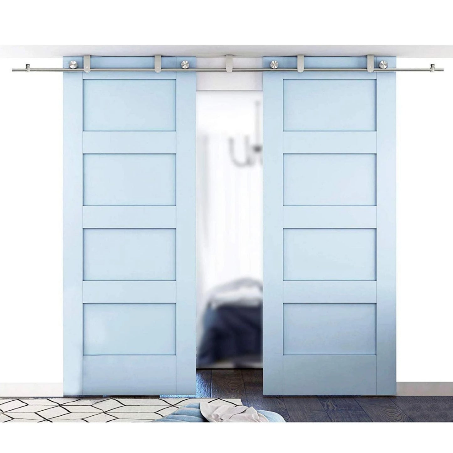 Top ceiling mount bracket brushed stainless steel wood sliding single door hardware BI-PARTING door BYPASS barn door hardware flat roller