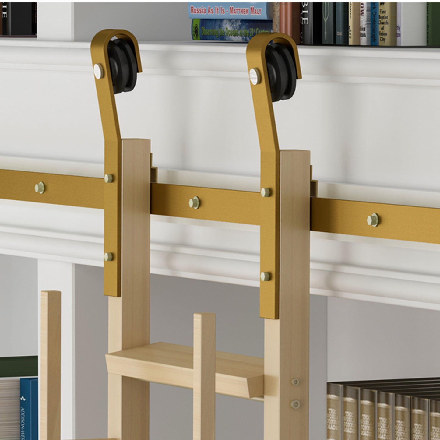 Contemporary Vertically Stored Golden Steel Sliding Rolling Ladder Library Ladder Hardware Track Kit with Brake Floor Rollers