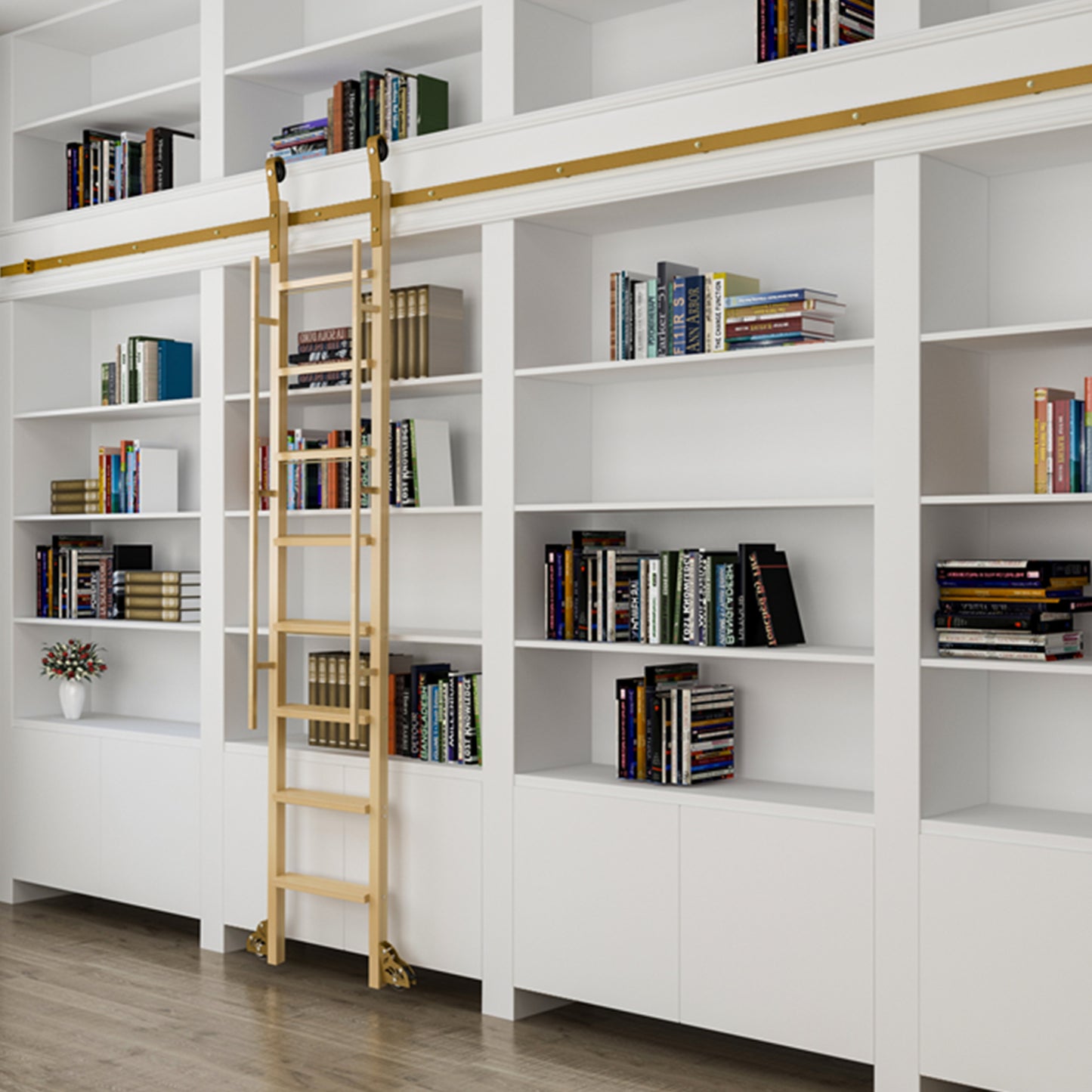 Contemporary Vertically Stored Golden Steel Sliding Rolling Ladder Library Ladder Hardware Track Kit with Brake Floor Rollers