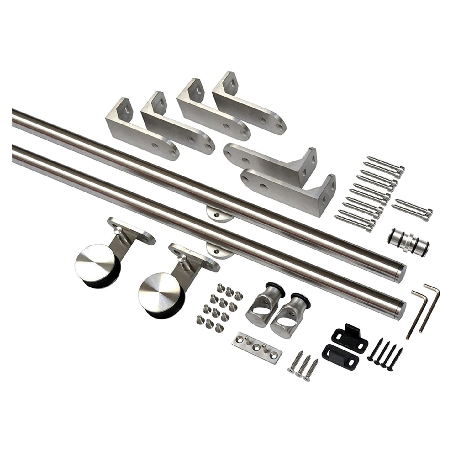 Brushed Stainless Steel Top Ceiling Mount Wood Sliding Barn Door Hardware Round Anti-Pin Wheel Rolling Track Set Kit
