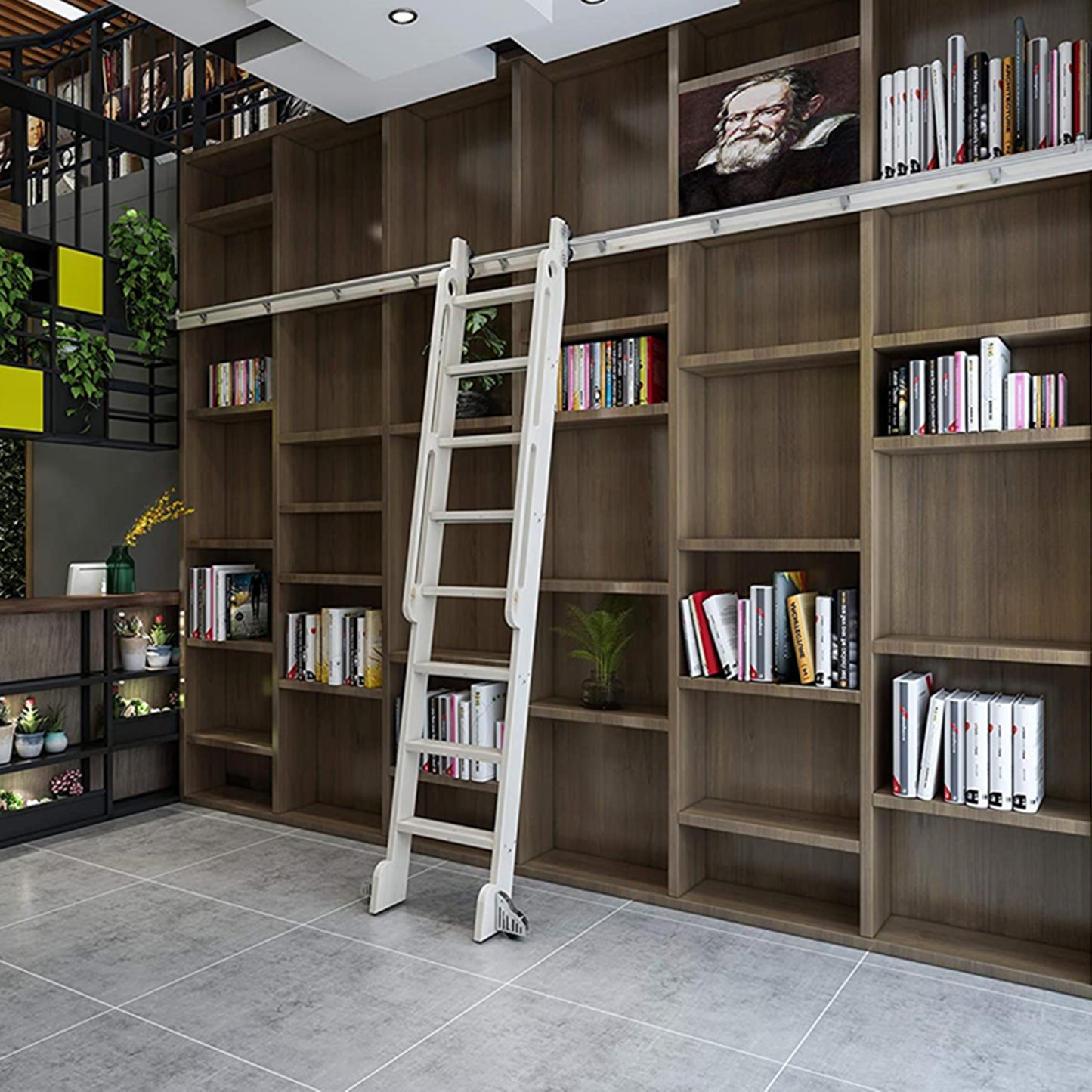 Contemporary Telescopic Vertically Stored Sliver Gray Steel Sliding Rolling Ladder Library Ladder Hardware Track Kit