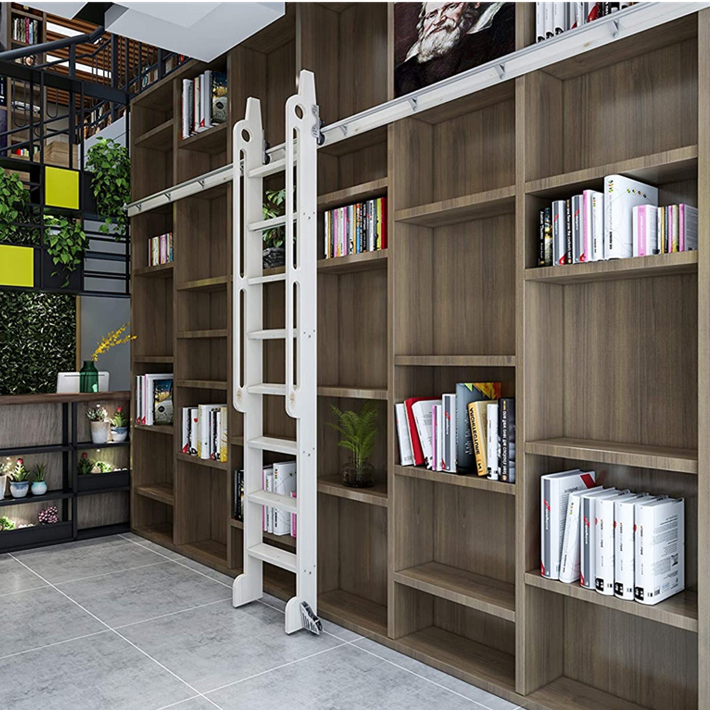 Contemporary Telescopic Vertically Stored Sliver Gray Steel Sliding Rolling Ladder Library Ladder Hardware Track Kit