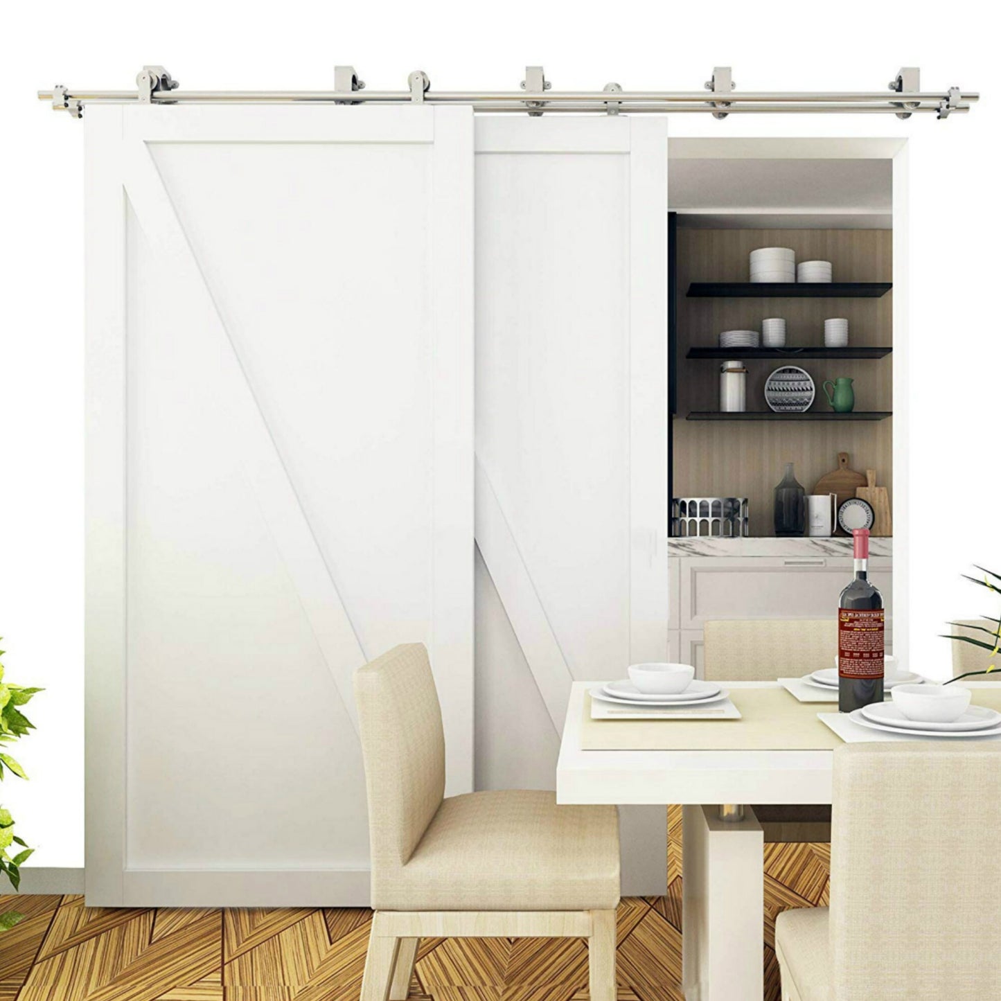 Bypass brushed stainless steel top mounted sliding barn wood door hardware sliding track kit set for 2 Doors 3 Doors and 4 Doors