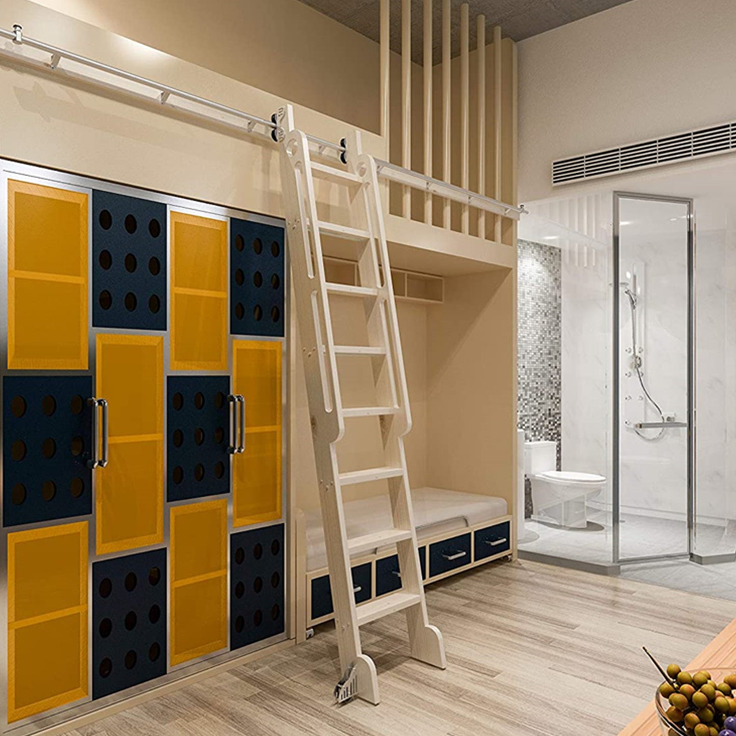 Contemporary Telescopic Vertically Stored Sliver Gray Steel Sliding Rolling Ladder Library Ladder Hardware Track Kit