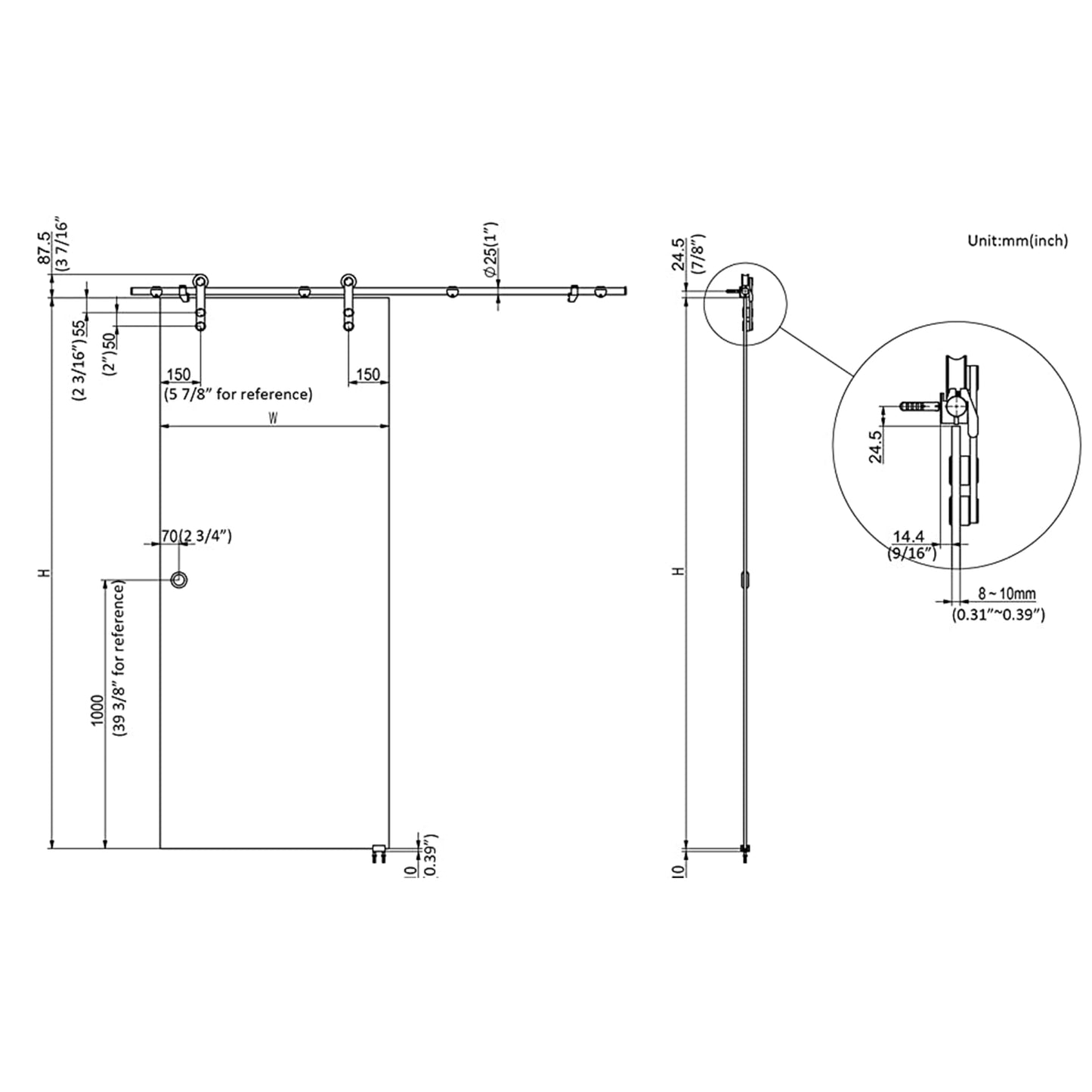 Round Track Brushed Satin Stainless Steel Glass Sliding Barn Door Hardware