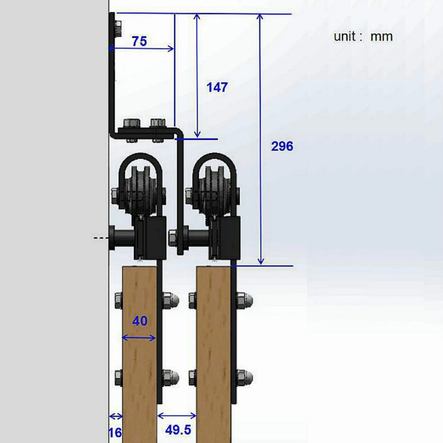 Bypass brushed stainless steel barn door hardware wall mount bracket sliding door track roller kit