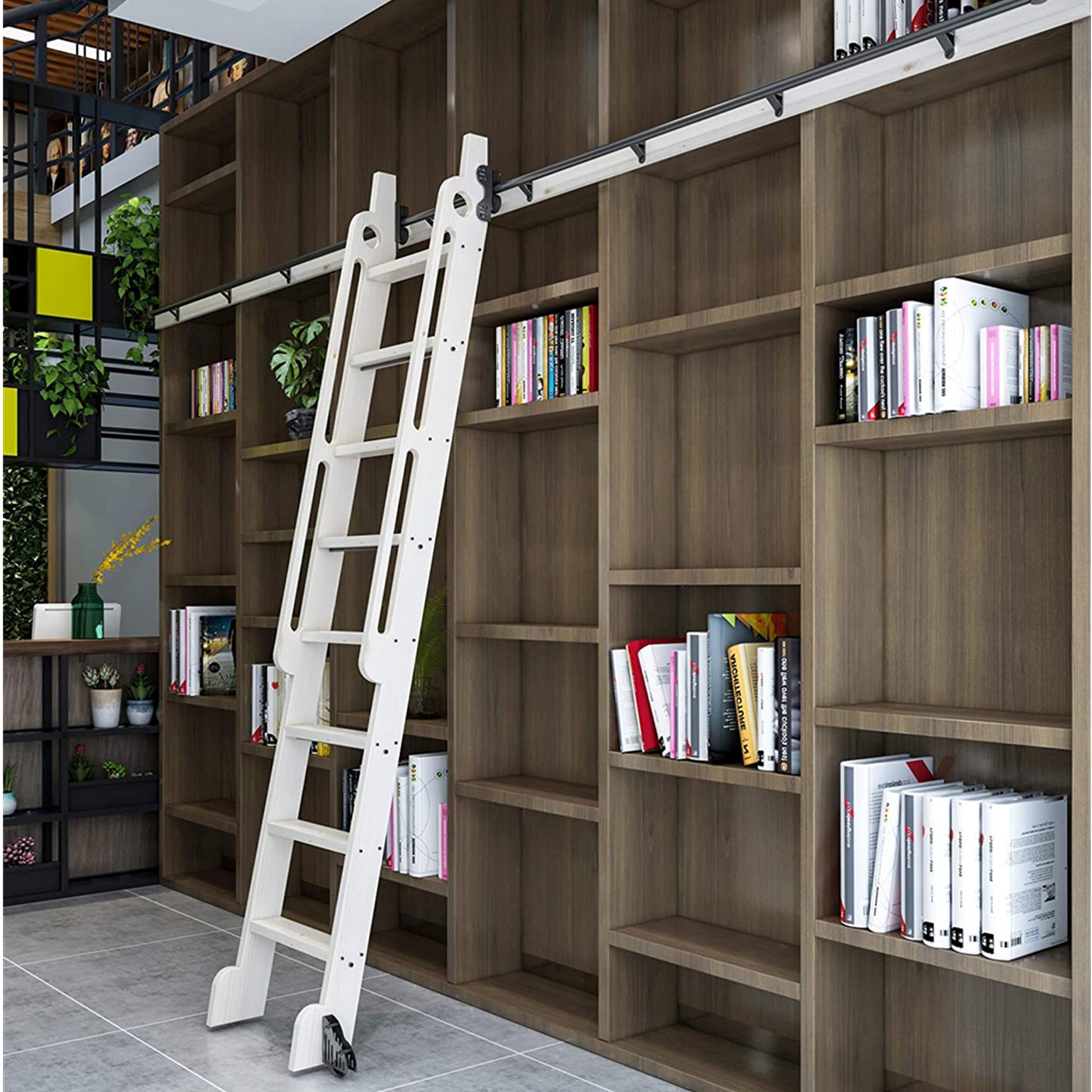 Contemporary Telescopic Vertically Stored Black Steel Sliding Rolling Ladder Library Ladder Hardware Track Kit With Brake Floor Roller