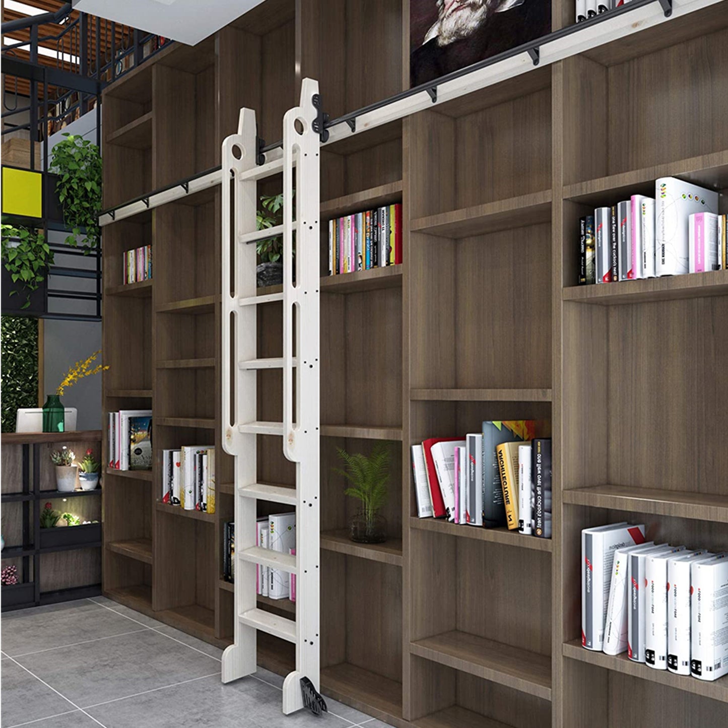 Contemporary Telescopic Vertically Stored Black Steel Sliding Rolling Ladder Library Ladder Hardware Track Kit With Brake Floor Roller
