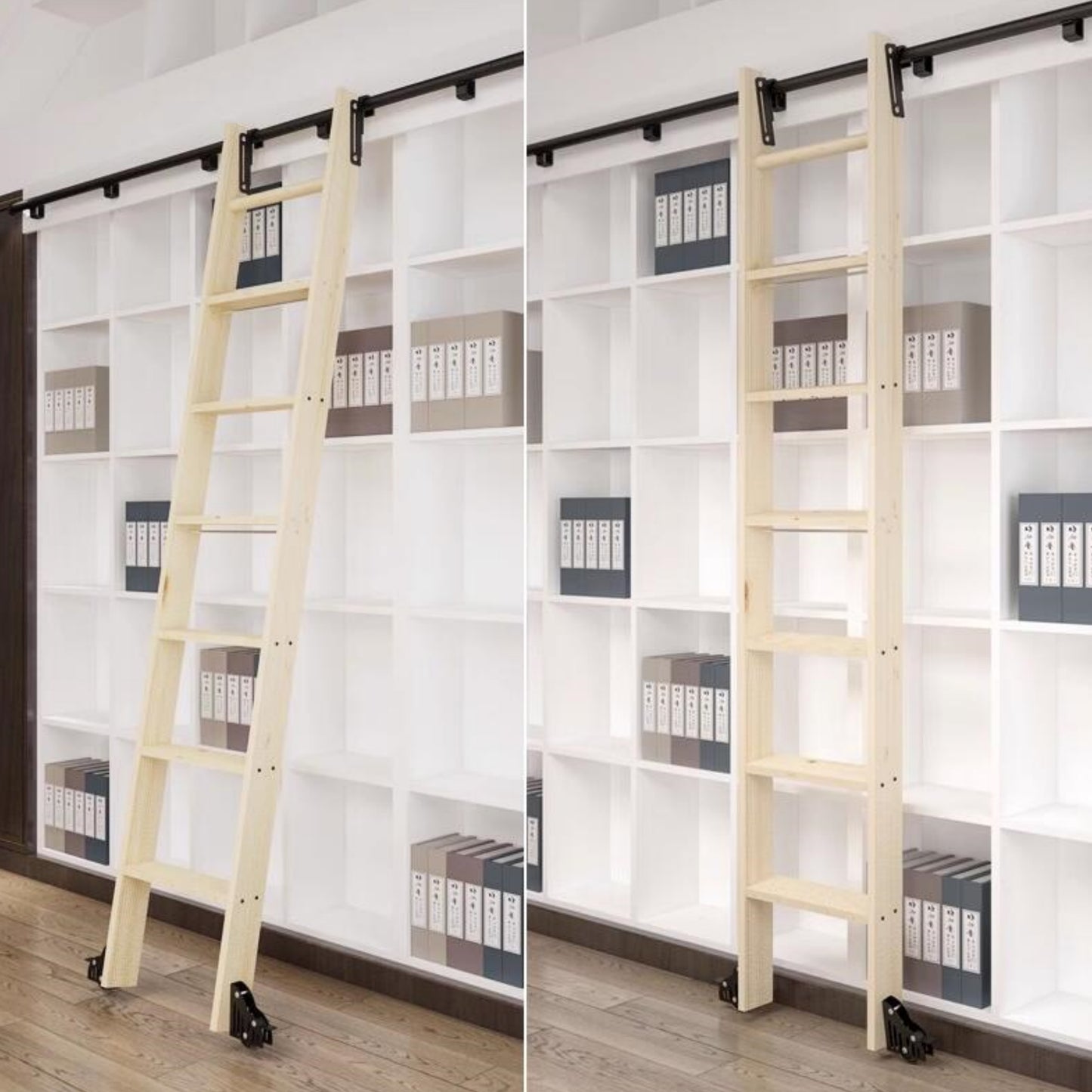 Natural Knotty Oak Wood Sliding Library Sliding Step Ladder Rolling Ladder Suitable For Removable Hardware, Ready For Painting( Unfinished )