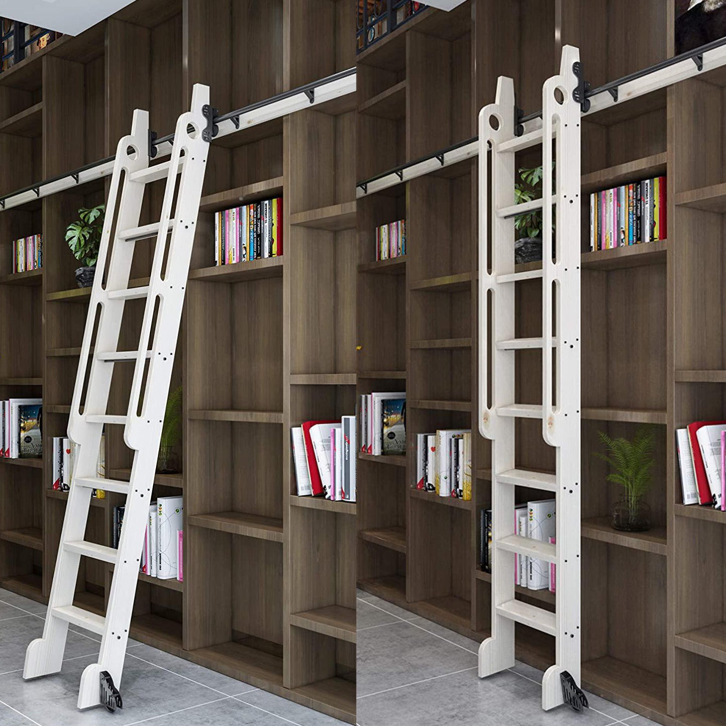 Contemporary Telescopic Vertically Stored Black Steel Sliding Rolling Ladder Library Ladder Hardware Track Kit With Brake Floor Roller