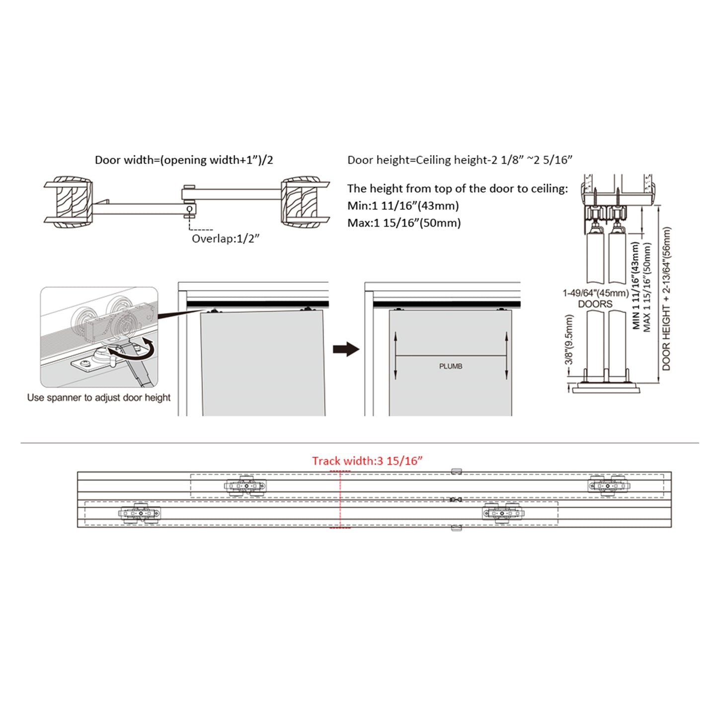 Aluminium Alloy Ceiling Mount Interior Bypass Bracket Pocket Door Sliding Hardware Track Set Kit