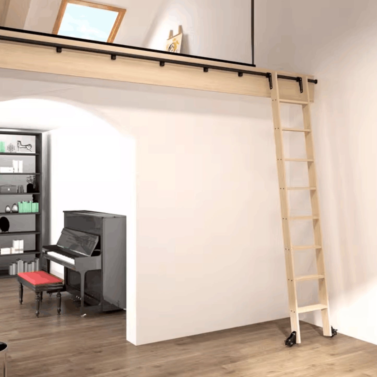 Natural Knotty Oak Wood Sliding Library Sliding Step Ladder Rolling Ladder Suitable For Removable Hardware, Ready For Painting( Unfinished )