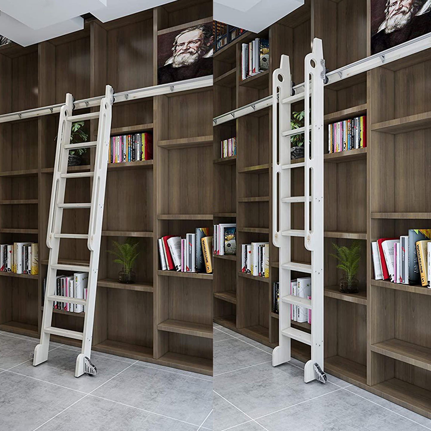 Contemporary Telescopic Vertically Stored Sliver Gray Steel Sliding Rolling Ladder Library Ladder Hardware Track Kit