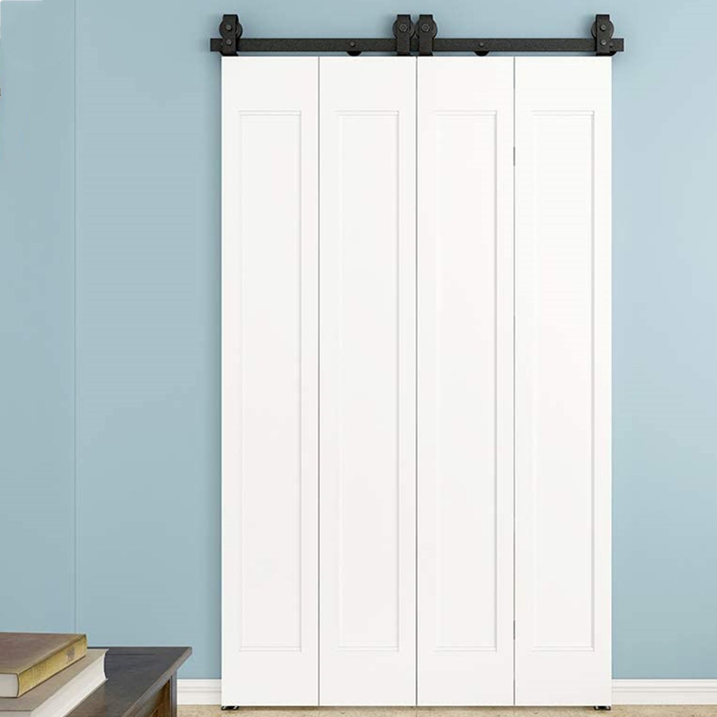 Black Steel Top Mount Bi-fold Wood Sliding Barn Door Hardware Track Hardware Kit for 2 Doors and 4 Doors ( No Door )