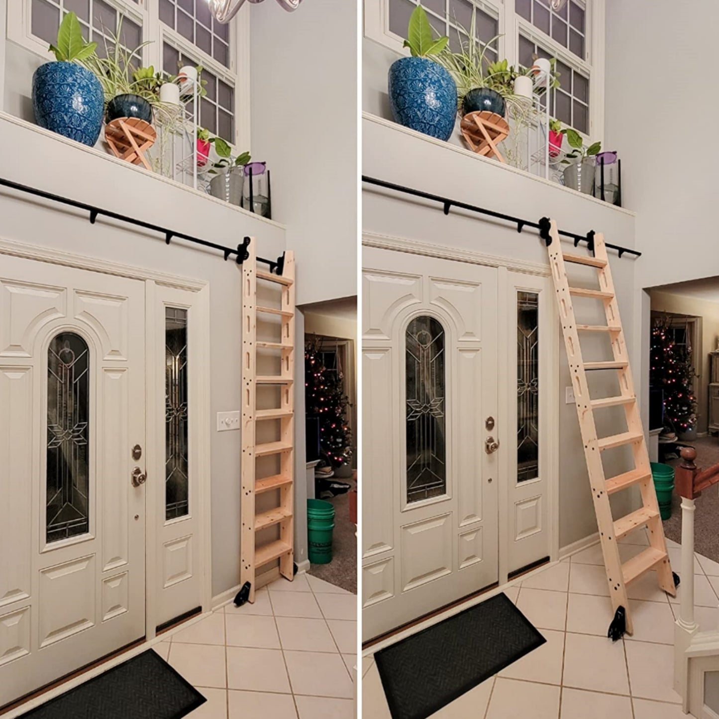 Natural Knotty Pine Wood Sliding Library Sliding Step Ladder Rolling Ladder, Ready For Painting, Solid Durable Steps ( Unfinished )
