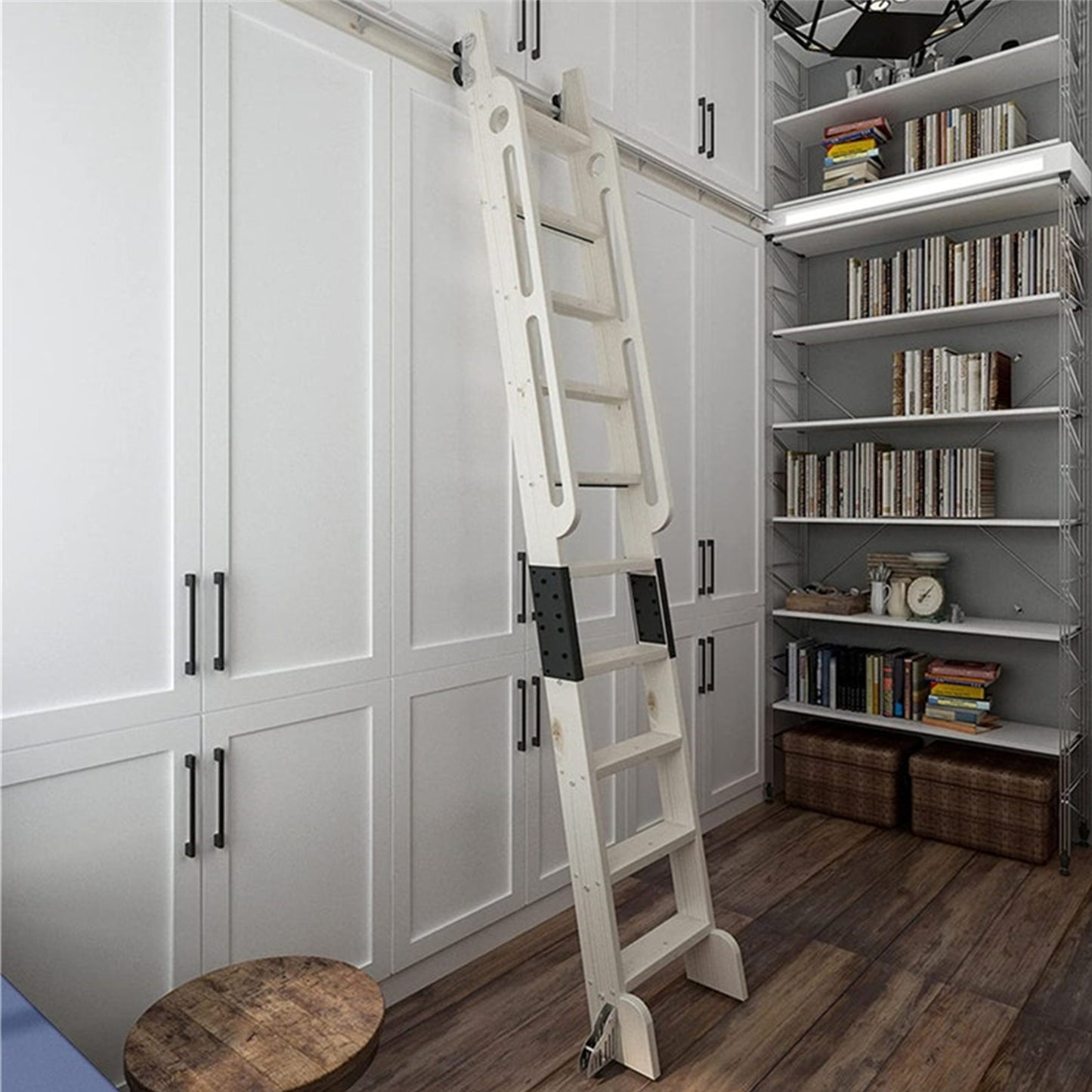 Natural Knotty Pine Wood Sliding Library Sliding Step Ladder Rolling Ladder with Curved Handrails, Ready For Painting( Unfinished )