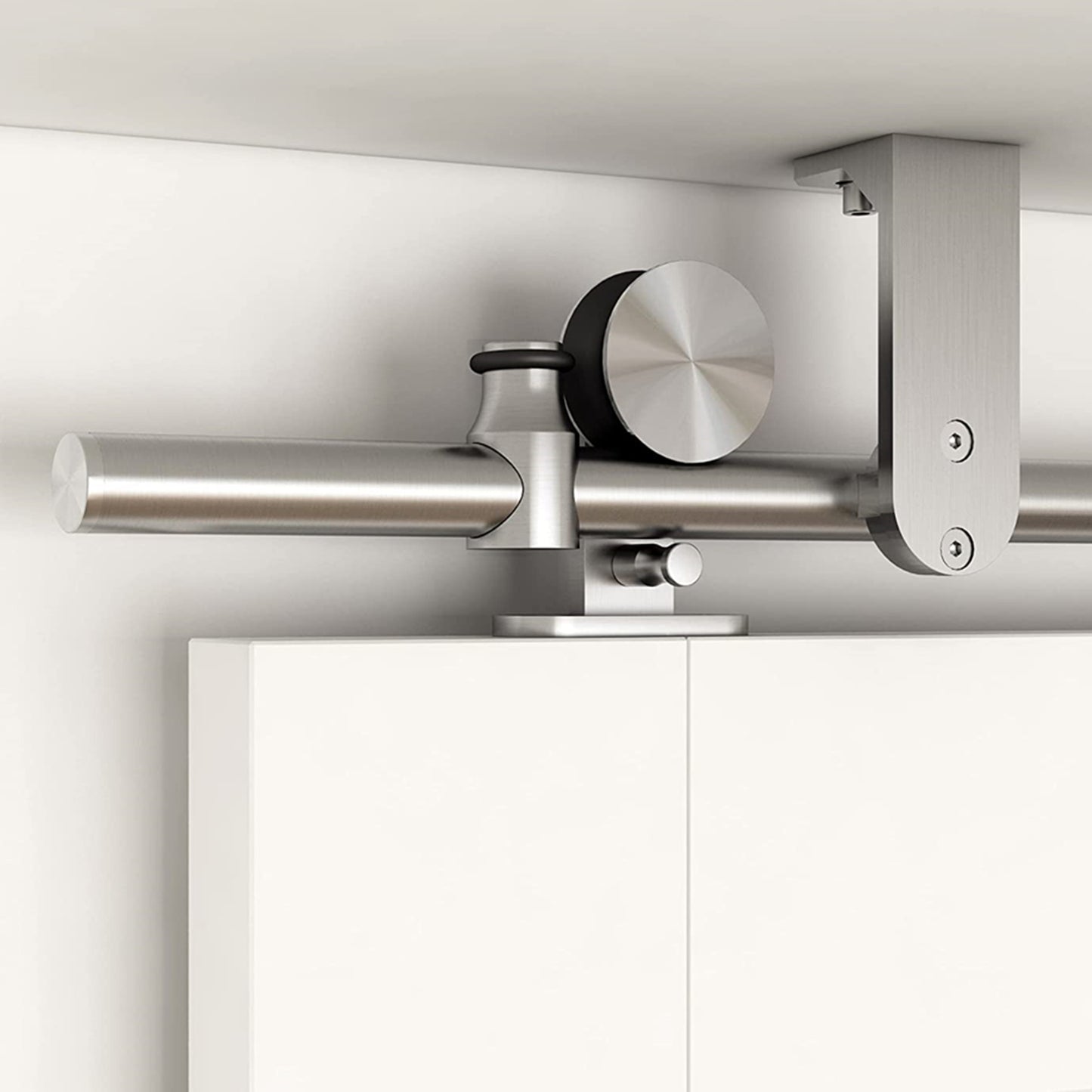 Brushed Stainless Steel Top Ceiling Mount Wood Sliding Barn Door Hardware Round Anti-Pin Wheel Rolling Track Set Kit