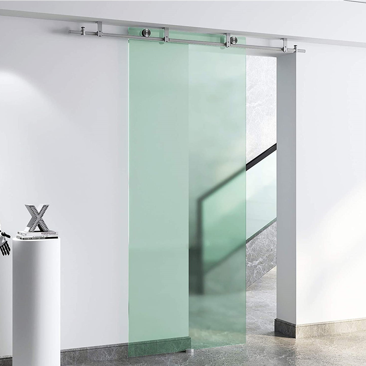 Top ceiling mount bracket brushed stainless steel glass sliding single barn door hardware flat roller