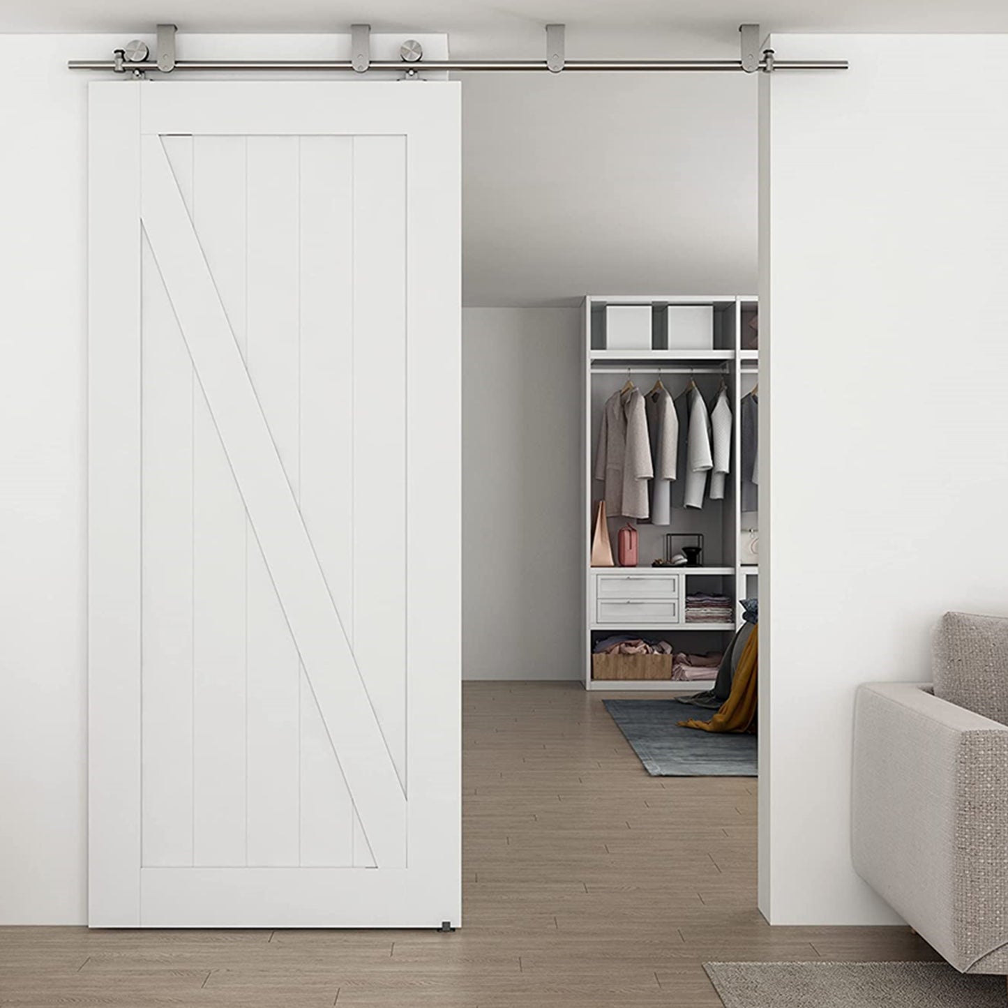 Brushed Stainless Steel Top Ceiling Mount Wood Sliding Barn Door Hardware Round Anti-Pin Wheel Rolling Track Set Kit