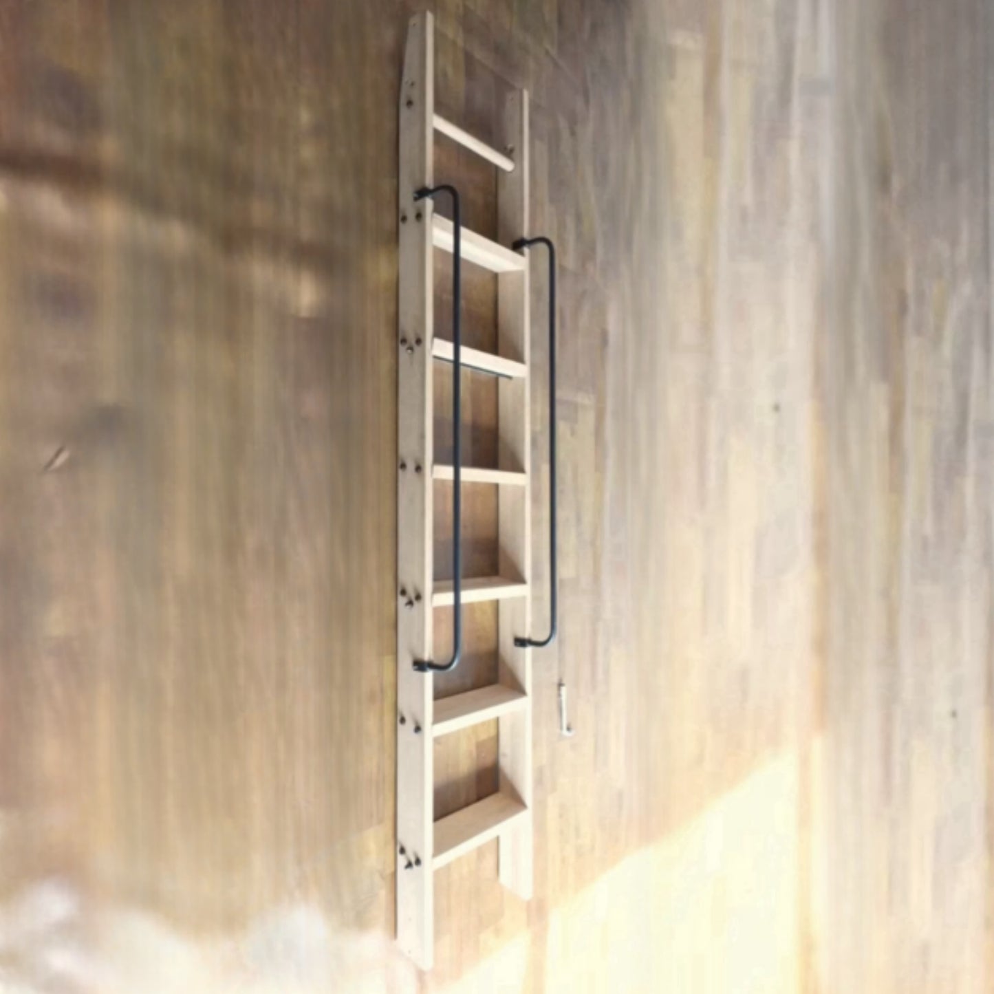 Natural Knotty Oak Wood Sliding Library Durable Step Ladder Bookshelf Straight Attic Wardrobe Cabinet Pulley Ladder With Handrails Grabs