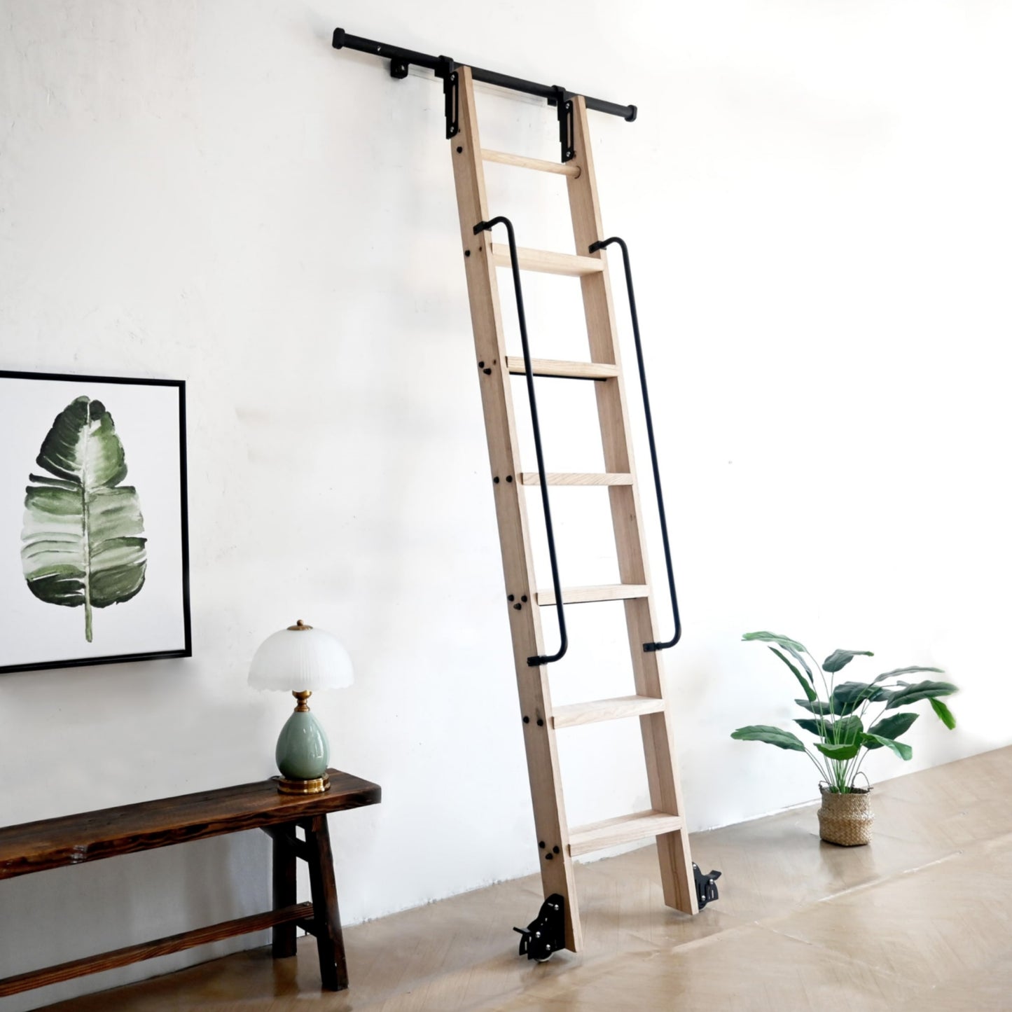 Natural Knotty Oak Wood Sliding Library Durable Step Ladder Bookshelf Straight Attic Wardrobe Cabinet Pulley Ladder With Handrails Grabs