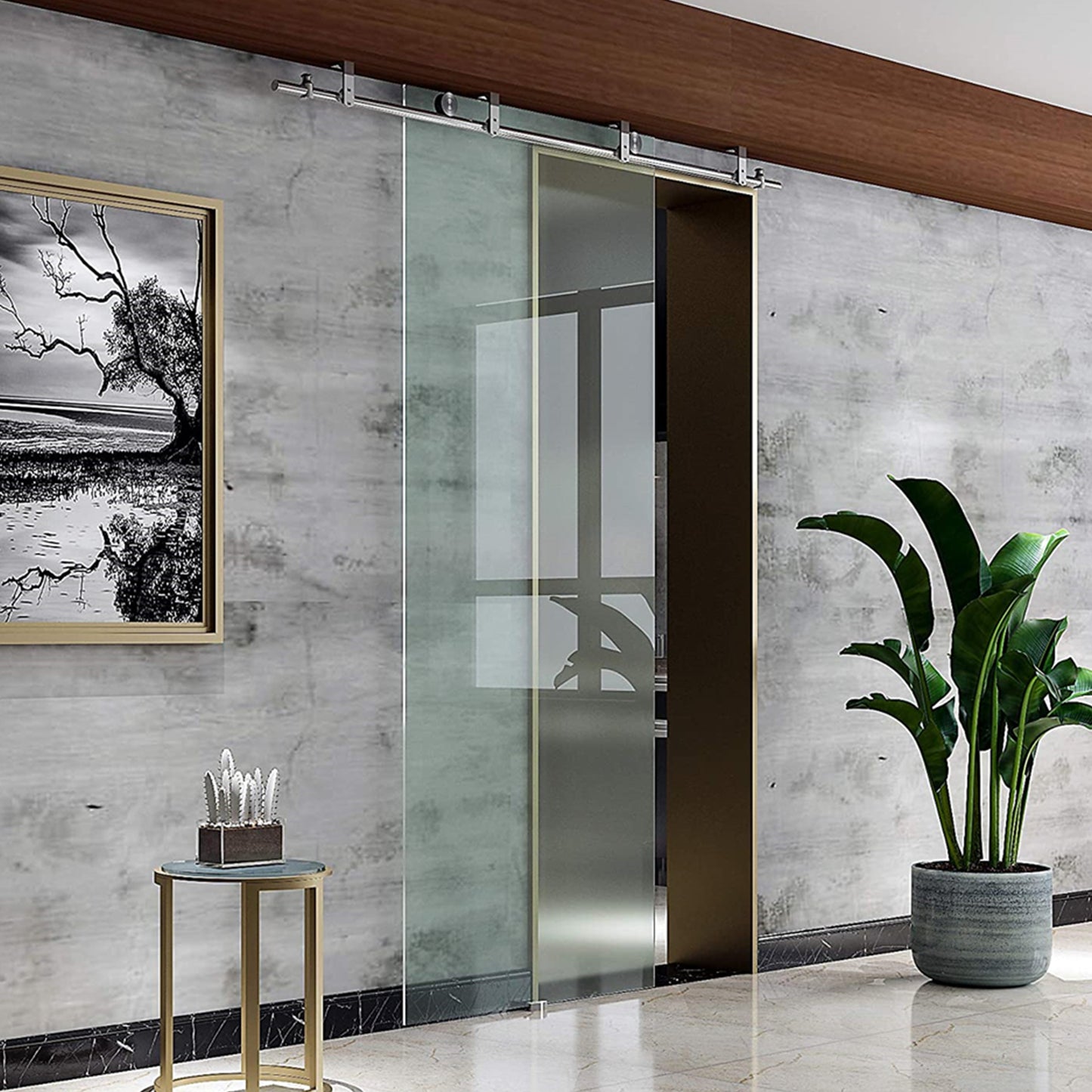 Top ceiling mount bracket brushed stainless steel glass sliding single barn door hardware flat roller