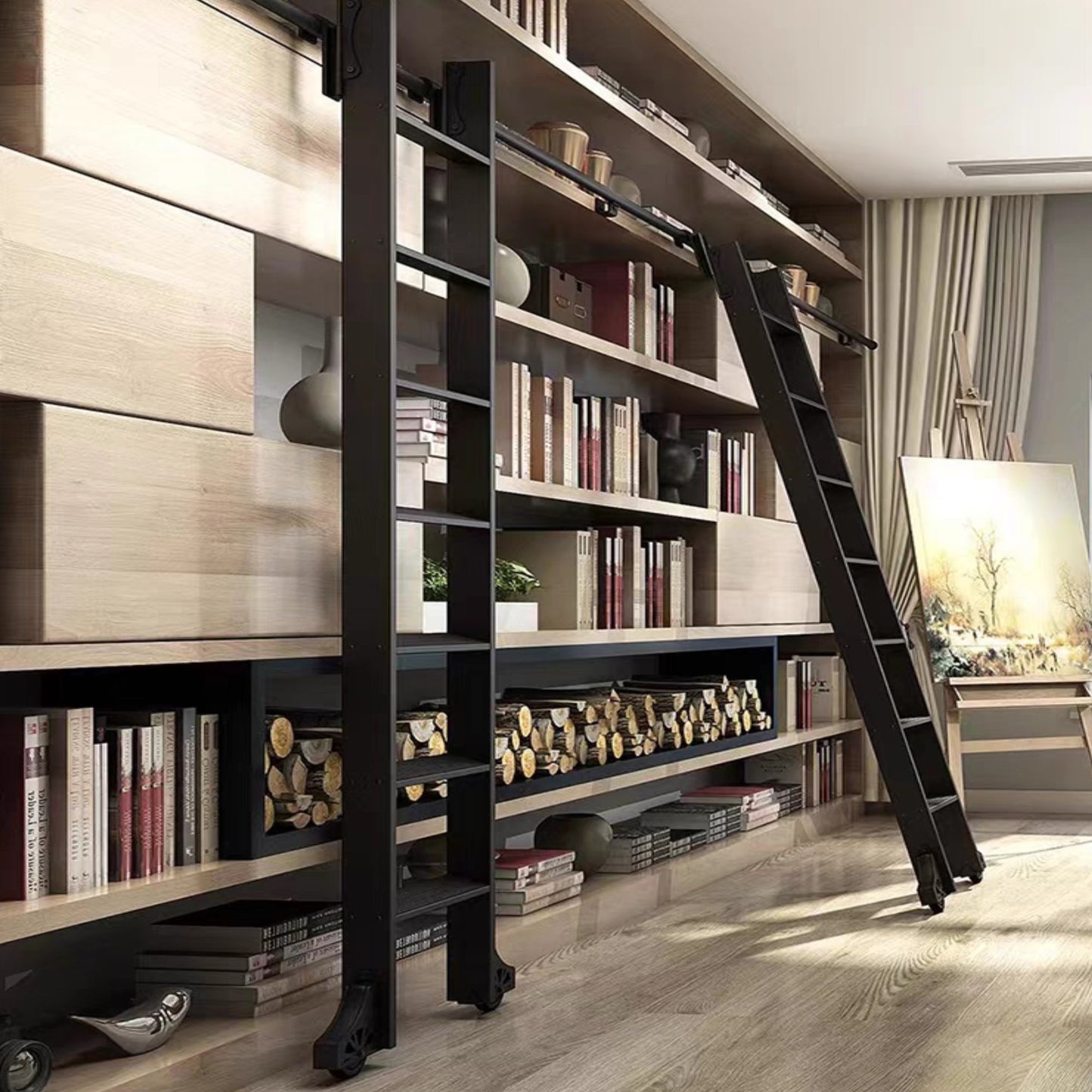 Contemporary Telescopic Vertically Stored Black Aluminum Alloy Removable Hook Sliding Rolling Library Ladder Hardware Track Brake Roller Kit