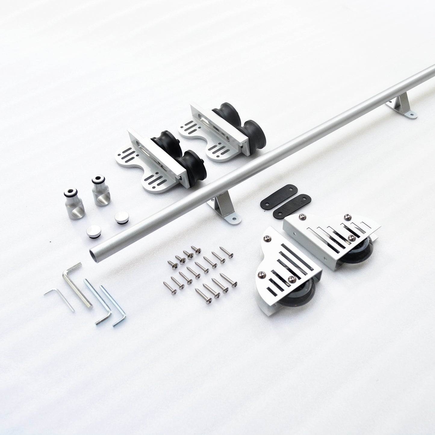 Contemporary Telescopic Vertically Stored Sliver Gray Steel Sliding Rolling Ladder Library Ladder Hardware Track Kit