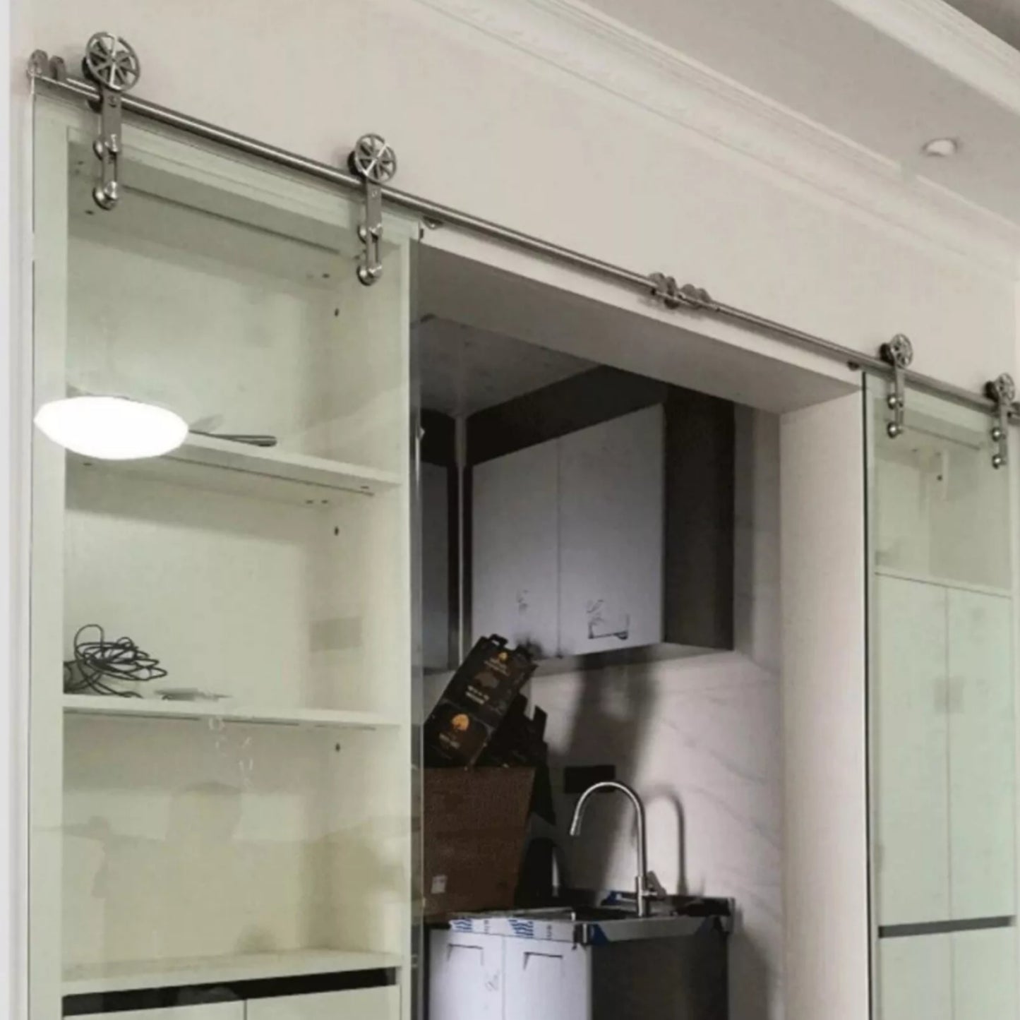 Rotatable Spoke Wheel Movable Decoration Core Modern European Brushed Stainless Steel Glass Sliding Barn Door Hardware Track Kit New Design