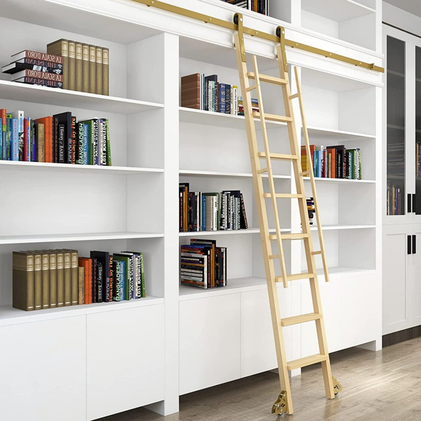 Contemporary Vertically Stored Golden Steel Sliding Rolling Ladder Library Ladder Hardware Track Kit with Brake Floor Rollers