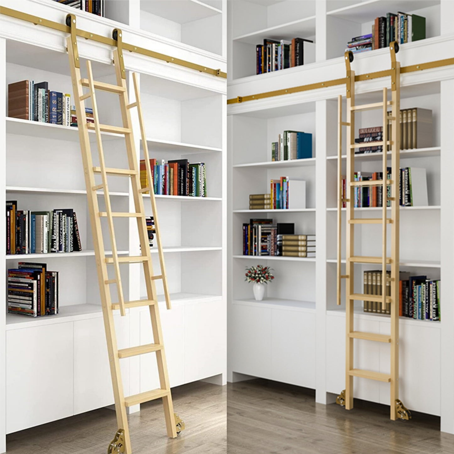 Contemporary Vertically Stored Golden Steel Sliding Rolling Ladder Library Ladder Hardware Track Kit with Brake Floor Rollers