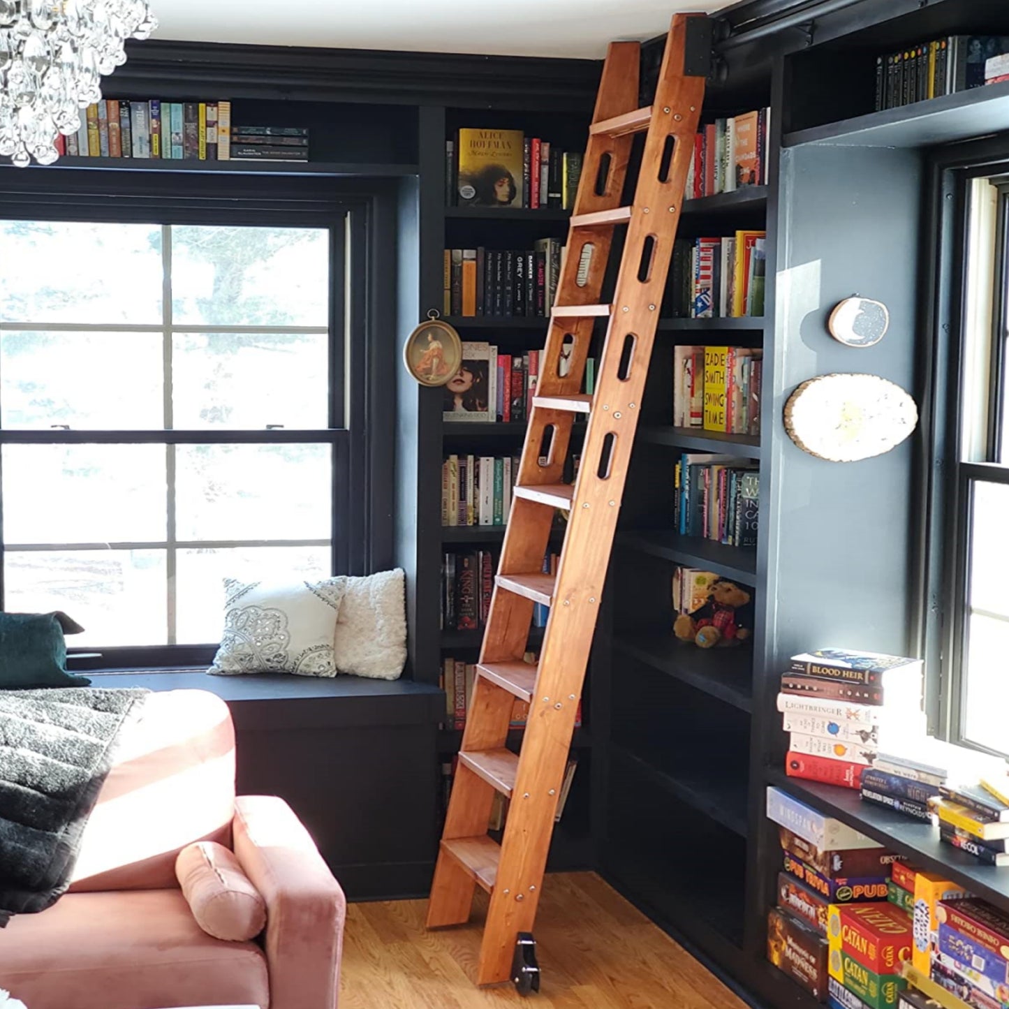 Natural Knotty Pine Wood Sliding Library Sliding Step Ladder Rolling Ladder, Ready For Painting, Solid Durable Steps ( Unfinished )