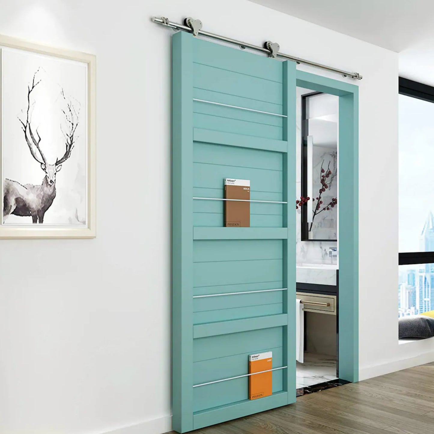 Dual top mounted brushed stainless steel solid double head roller wood sliding interior barn closet door hardware track kit rolling rail kit