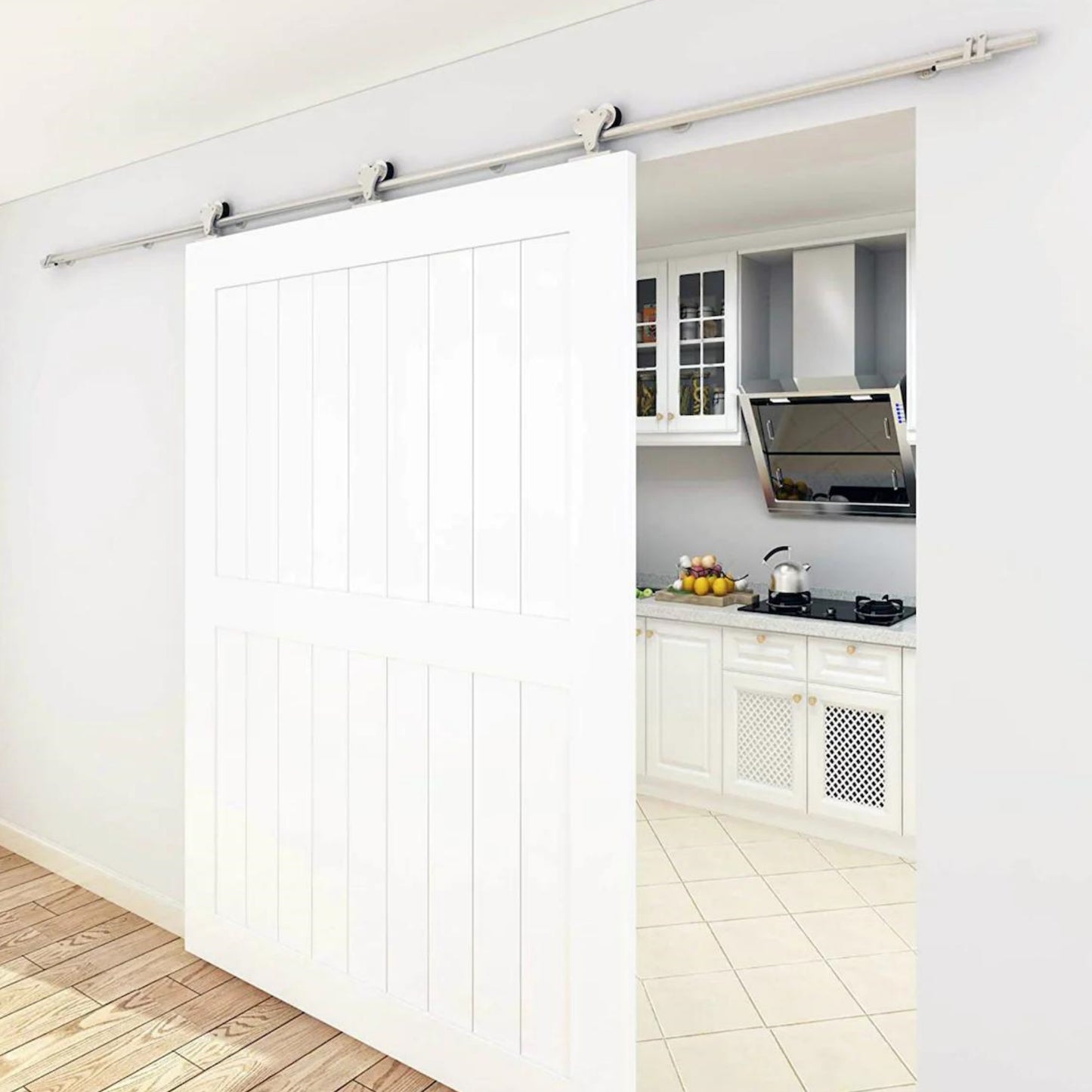 Dual top mounted brushed stainless steel solid double head roller wood sliding interior barn closet door hardware track kit rolling rail kit